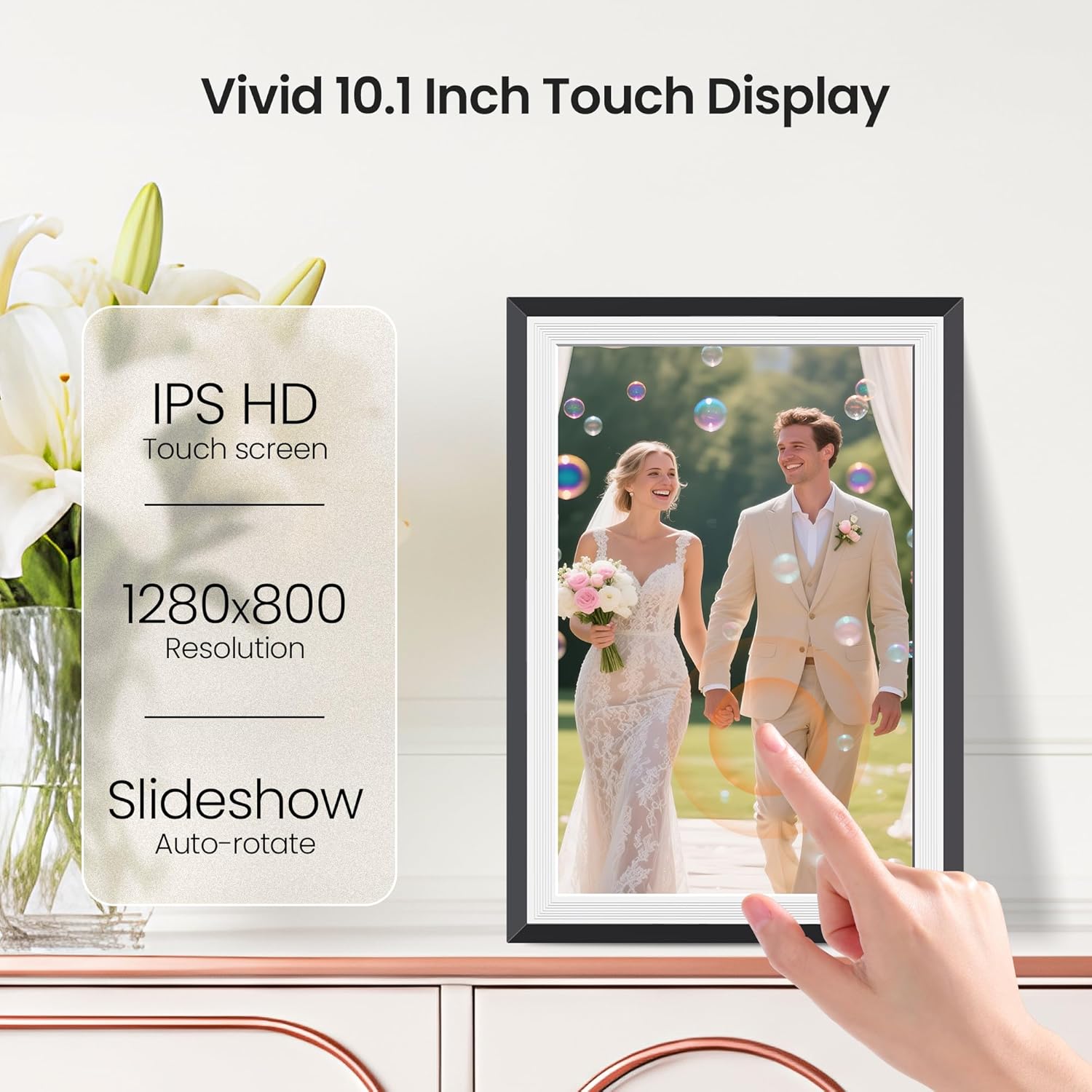 BIGASUO Digital Picture Frame, 10.1" Frameo Digital Frame WiFi with 32GB Memory, 1280x800 IPS Touch Screen