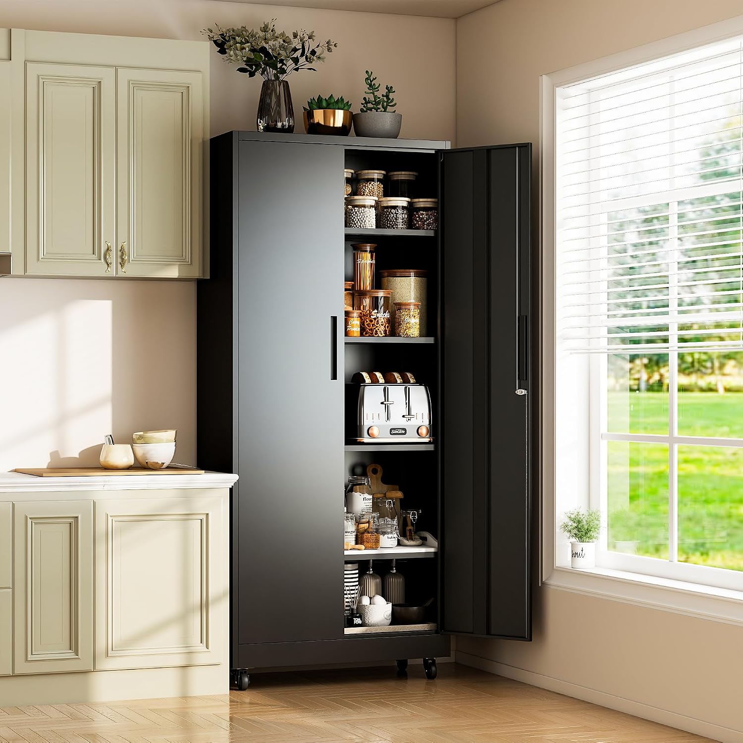 Metal Storage Cabinet for Garage, Tool Cabinet, Utility Cabinet | Wheeled, Rolling Tool Cabinet, 6 Drawers, Top Countertop, Pegboard, Assembly Required, Black