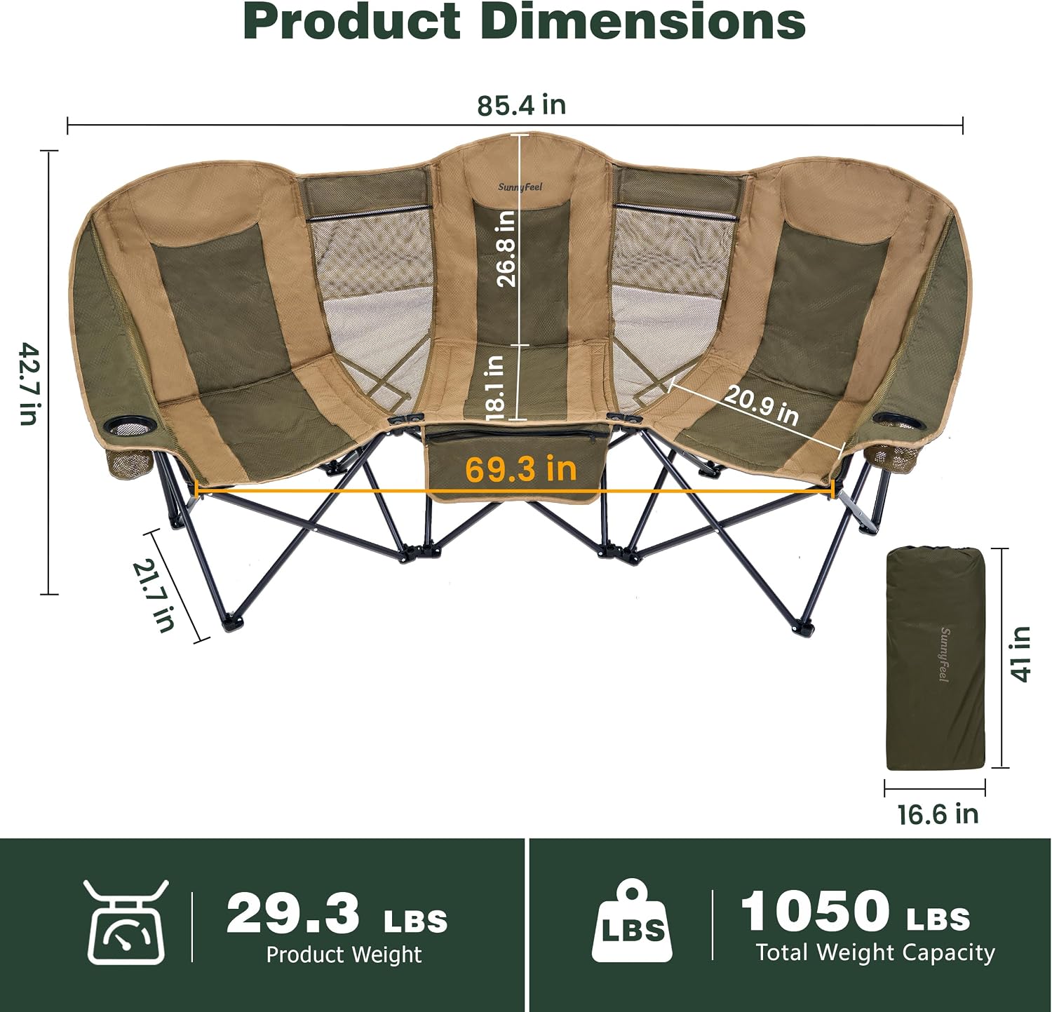 SUNNYFEEL Folding Double Camping Chair Oversized Loveseat for Adults
