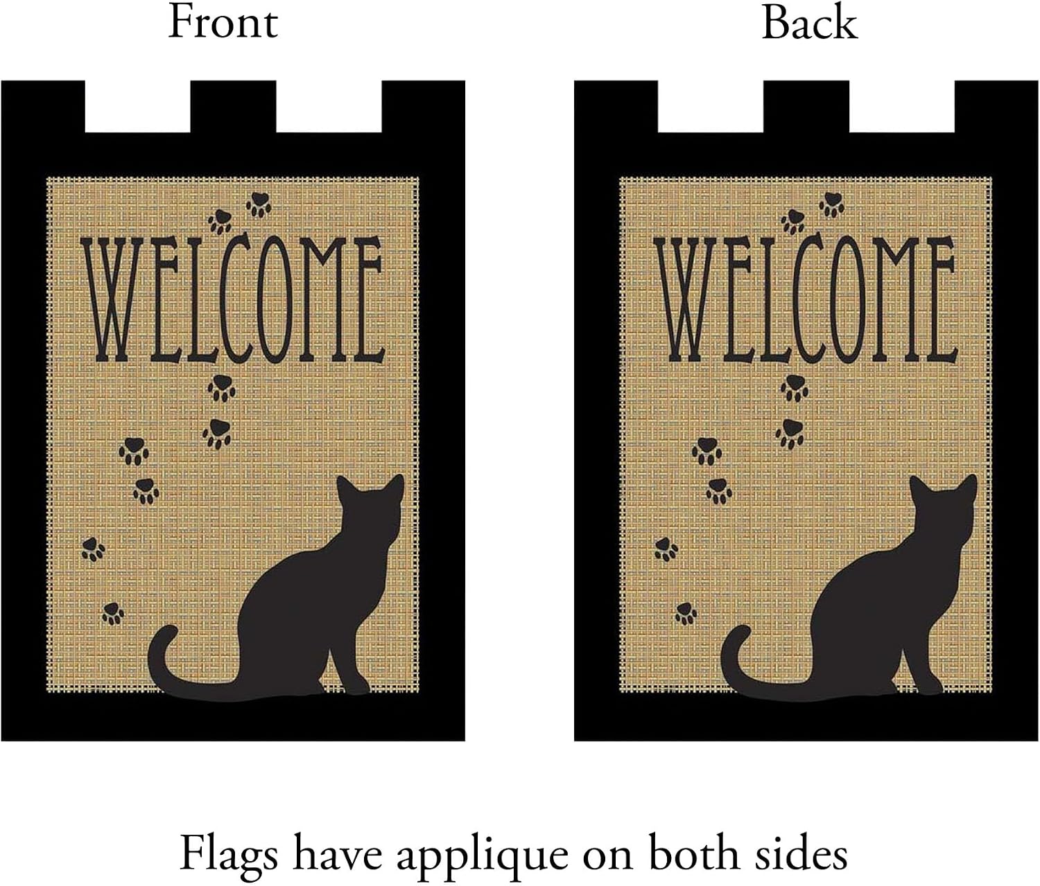 Welcome Black Cat Silhouette Paws Burlap 18 x 13 Rectangular Applique Tab Top Small Garden Flag
