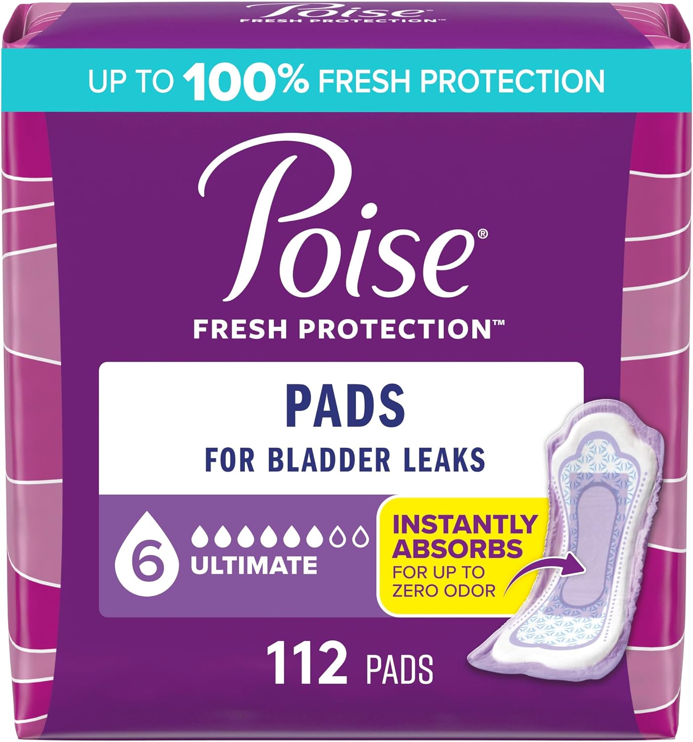 Poise Incontinence & Postpartum Pads for Bladder Leaks, 6 Drop Ultimate Absorbency, Regular Length, 112 Count, Packaging May Vary