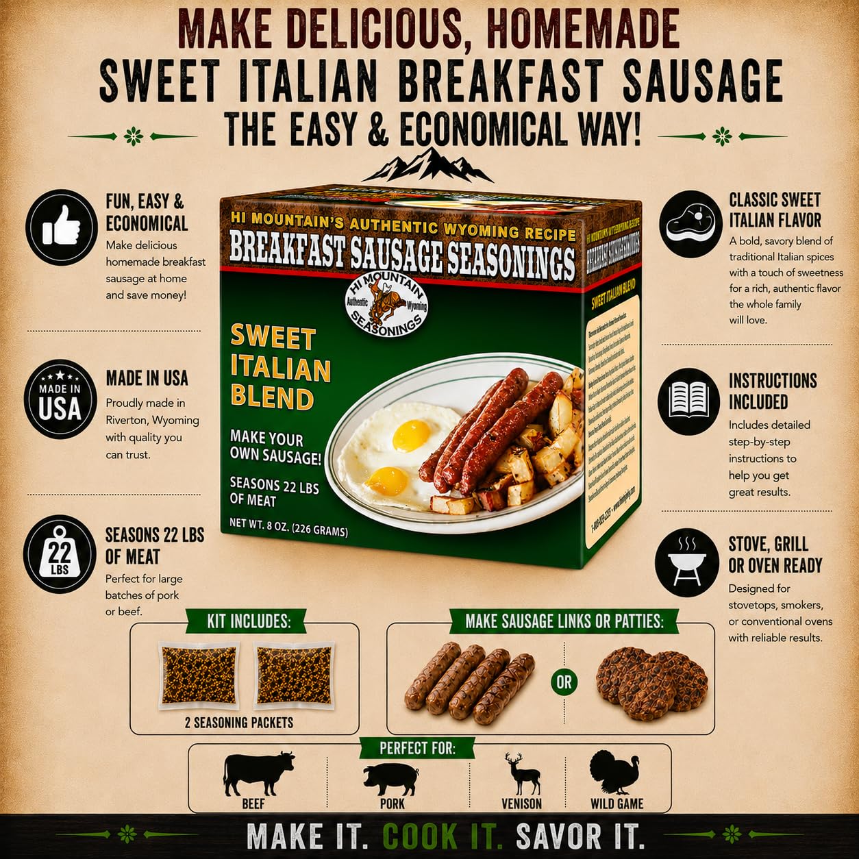 Hi Mountain Breakfast Sausage Seasoning | ORIGINAL MOUNTAIN MAN | 24 lbs | Hearty Old West mix for homemade pork, venison, deer, elk & wild game sausage patties or breakfast sausage links