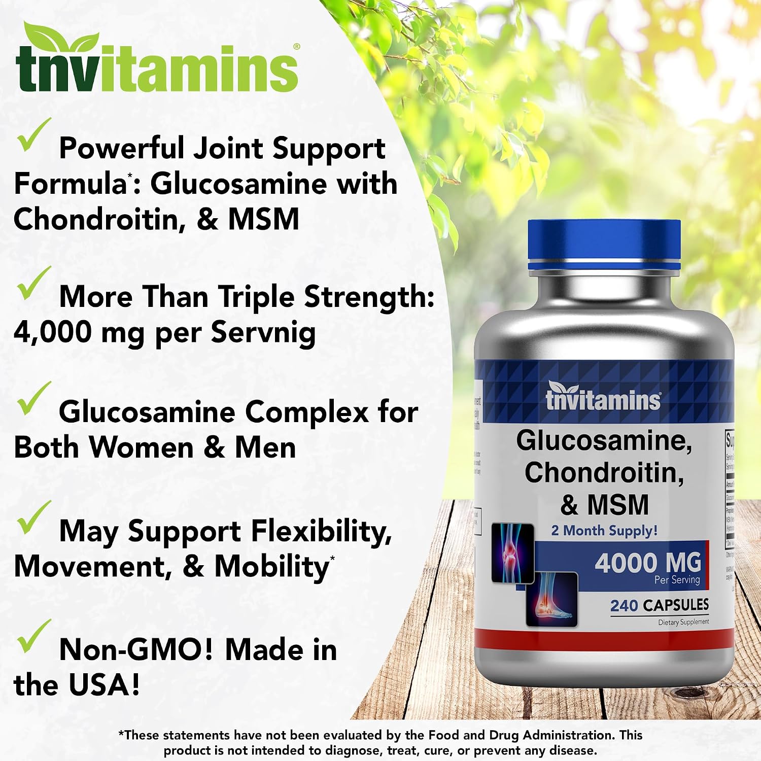 tnvitamins Glucosamine Chondroitin MSM Capsules, 240 Count | 4, 000 mg Per Serving | 2, 000 mg Glucosamine Sulfate 2KCl + 2