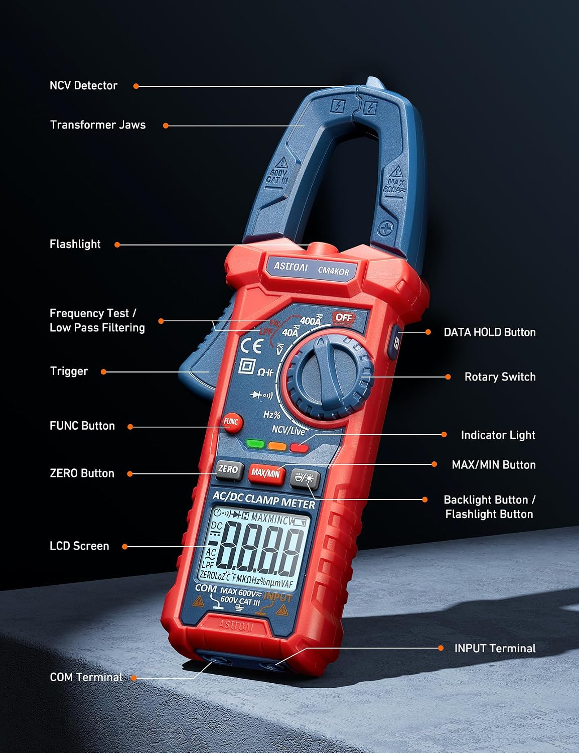 AstroAI Digital Clamp Meter Multimeter 2000 Counts Amp Voltage Tester Auto-ranging with AC/DC Voltage, AC Current, Resistance, Capacitance, Continuity