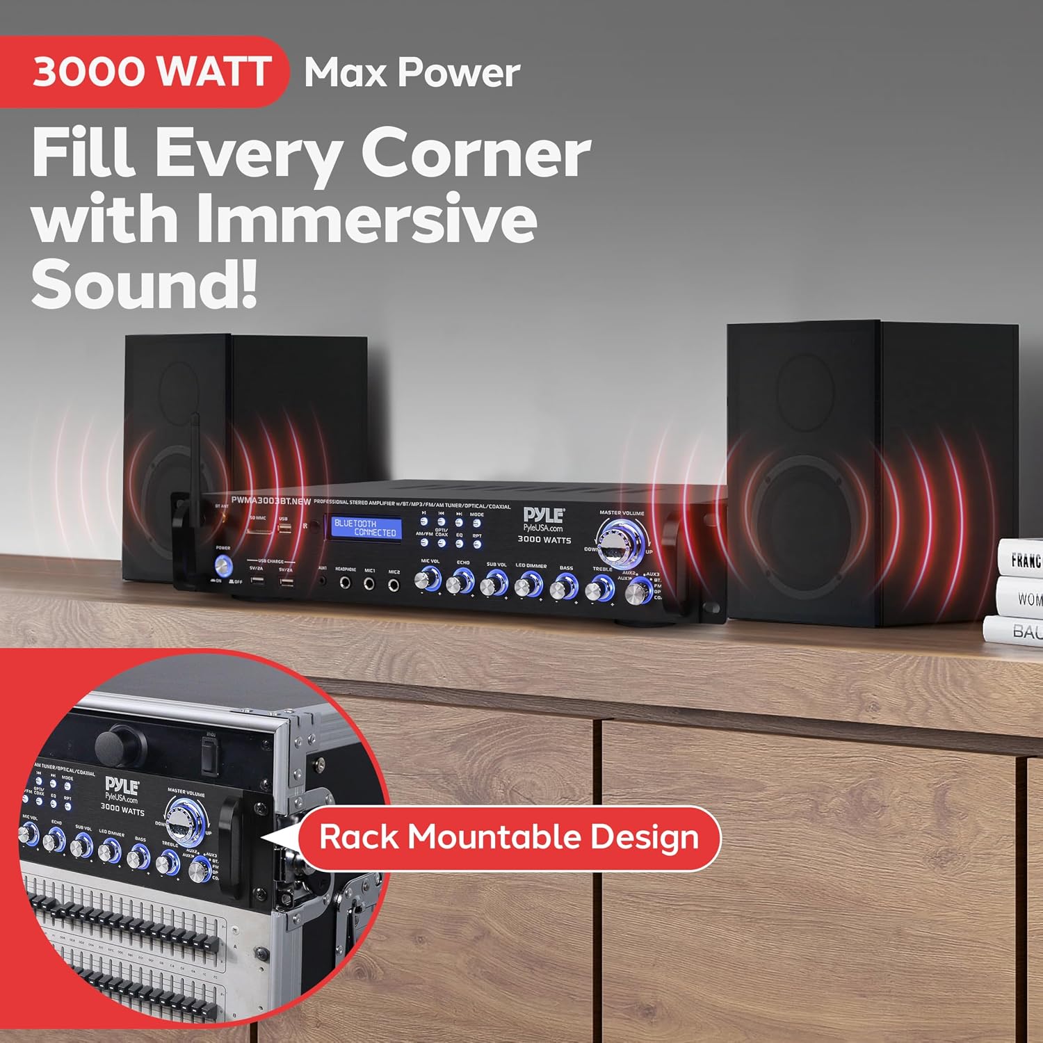 Pyle Bluetooth Home Audio Power Amplifier -4 Ch. 3000W, Stereo Receiver w/Speaker Selector, FM Radio, USB, Headphone, 2 Wireless Mics for Karaoke