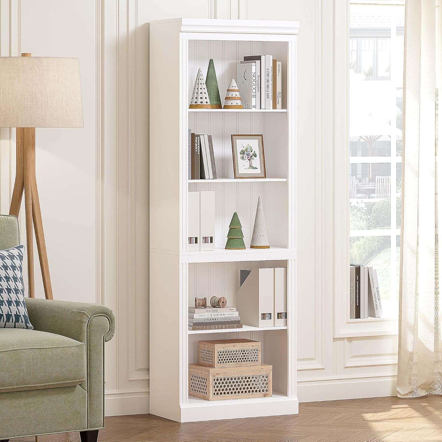 Spirich White Bookshelf, 5-Tier Tall Bookcase with Adjustable Shelves | 13.4-Inch Depth, Anti-Tip Device, Water-Based Finish, FSC-Certified Wood