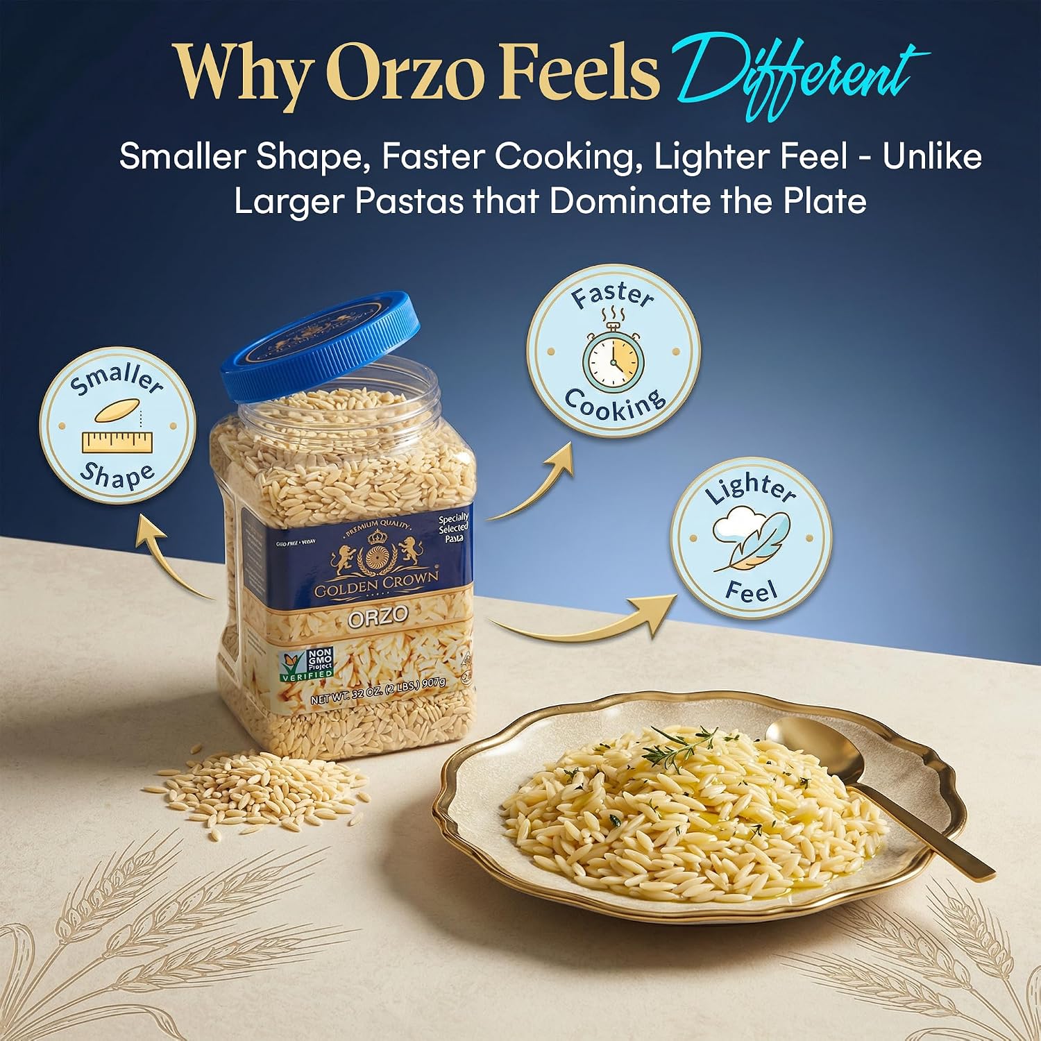 Golden Crown Orzo Pasta - Non GMO & Vegan - All Natural Rice-shaped Pasta in Bronze Cut - Made with 100% Whole Wheat - Perfect for Cold Salad