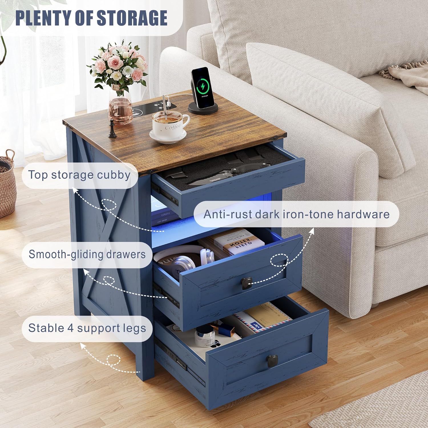 Farmhouse LED Nightstand with Gun Drawer&Invisible Lock,Modern Bedside Table with Human Sensor Design,Rustic Side Table with Wireless Charging for Living Room, Dark Oak