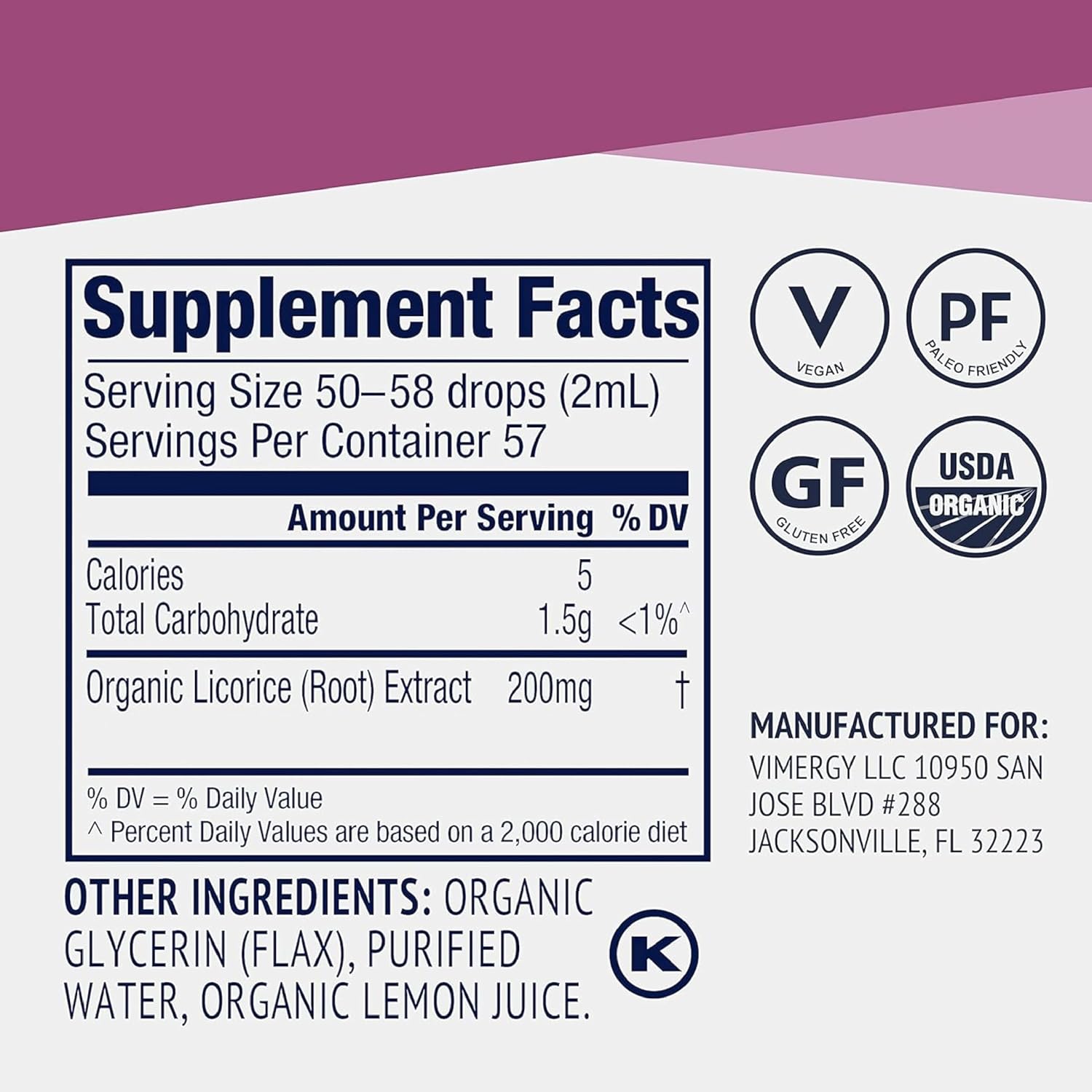 Vimergy Licorice 200mg Organic Liquid Root Extract, 115 mL, 57 Servings