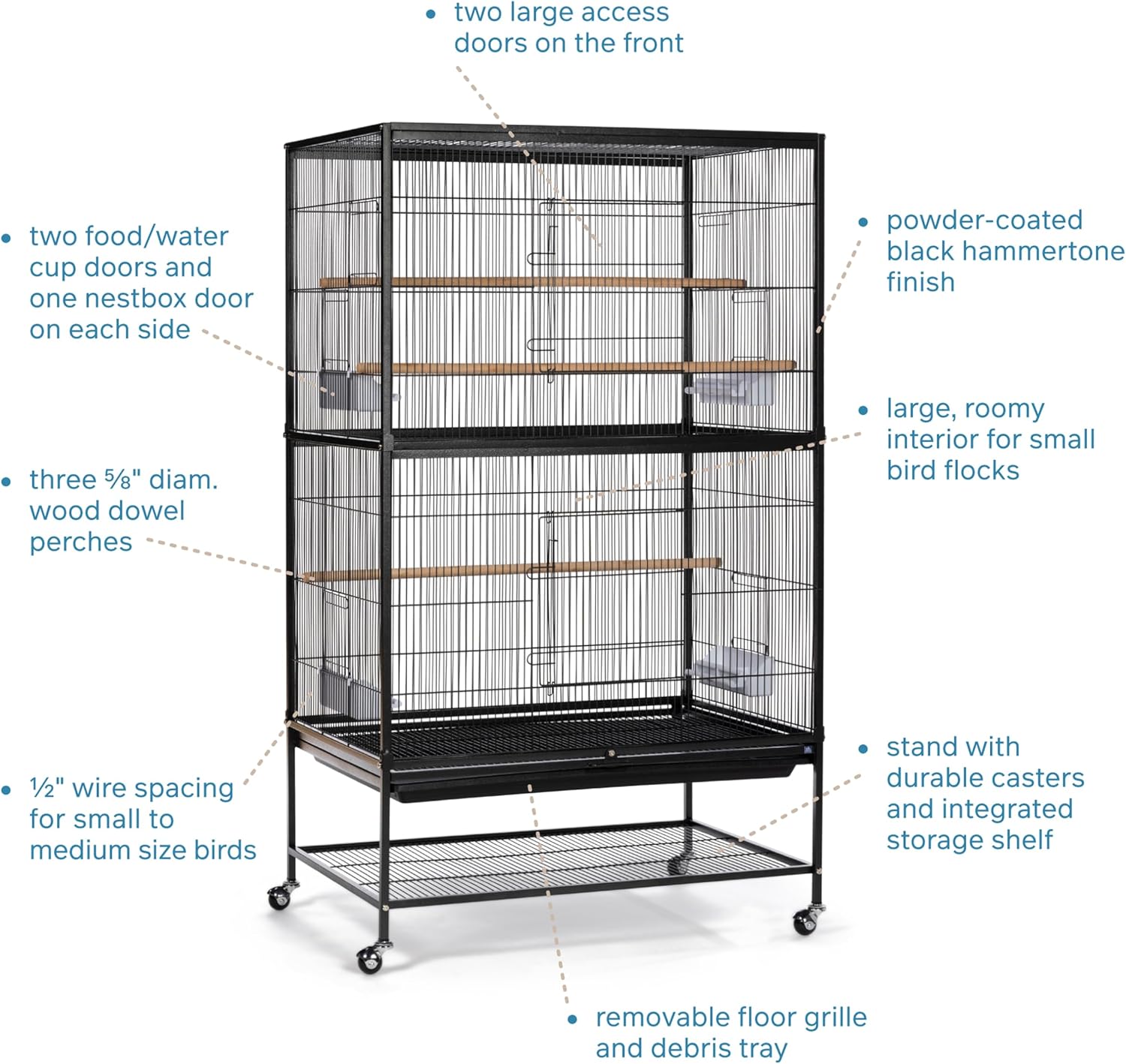 Prevue Pet Products Steel Bird Flight Cage with Wheels - Black, Large | Large Birdcage for Parakeets, Canaries, Finches, Cockatiels, Lovebirds, & Green Cheeks, Metal Standing Birdcage