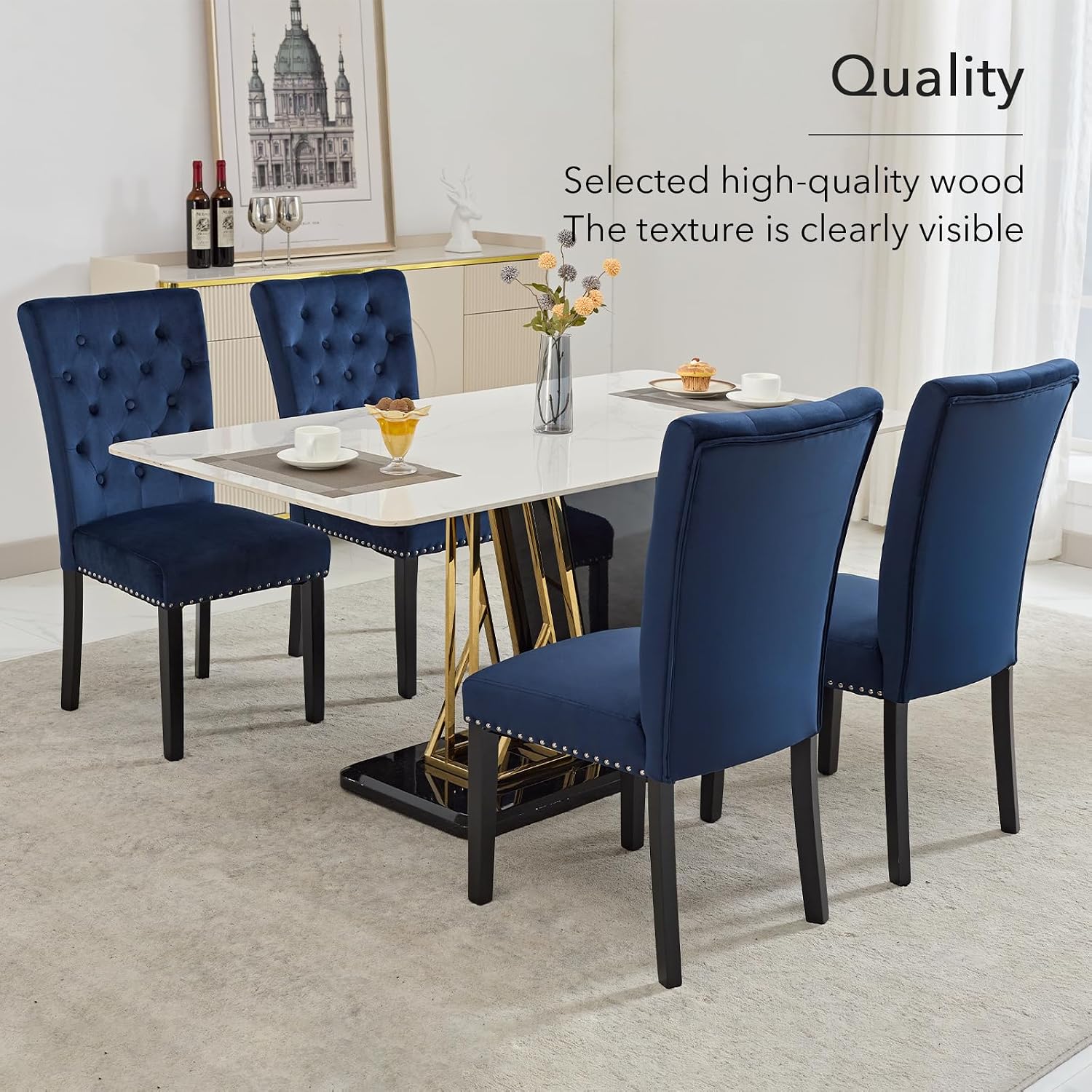 adochr Velvet Dining Chairs Set of 2, Parsons Kitchen Chair, Blue