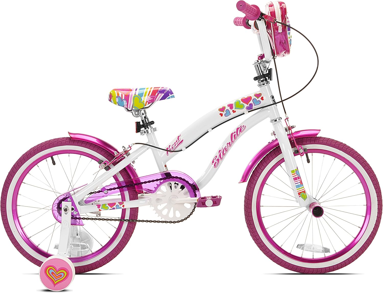 Kent International Starlite Bike - 18 Inch Girl’s Bike With Training Wheels and Storage Bag - Dual Hand Brakes and Rear Coaster Brake - Adjustable