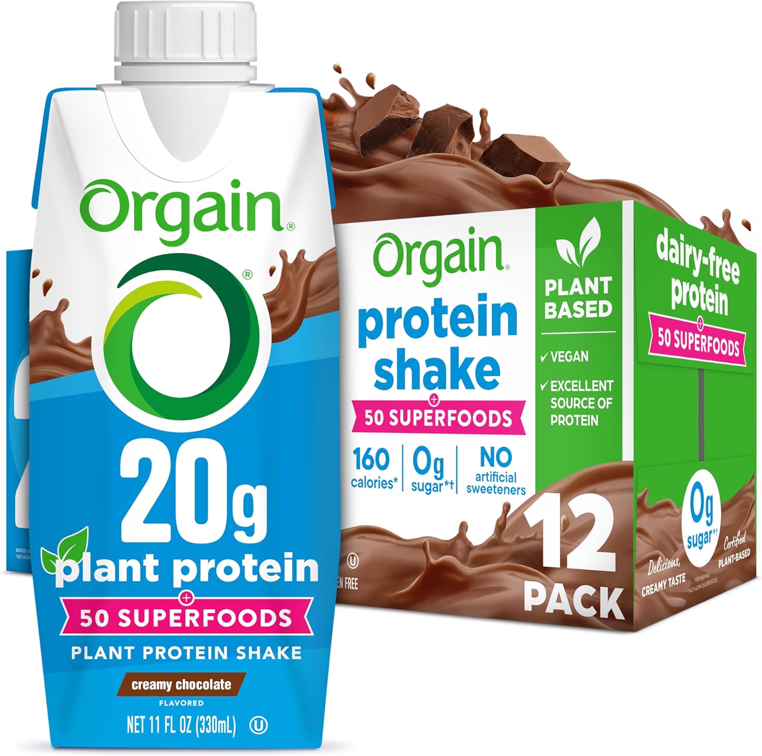 Orgain Organic 20g Vegan High Protein Shake, Chocolate, 11 oz, 12pk