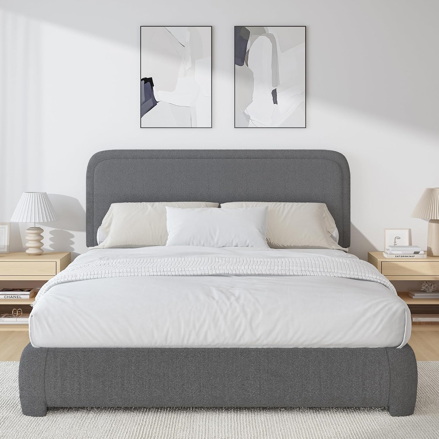 BarnFurin Full Bed Frame, Cloud Boucle Headboard, Rounded Corners, White | Soft boucle and rounded edges create a low-profile cloud look. Wooden slats support the mattress without a box spring