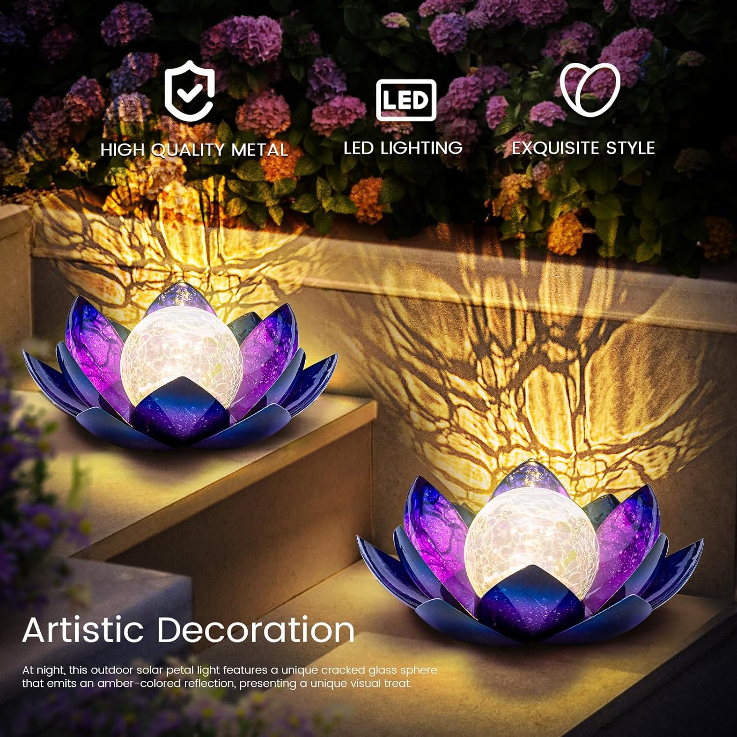 Huaxu Solar Lights Outdoor Garden, Crackle Globe Glass Lotus Decor, Waterproof LED Metal Flower Decorations for Patio,Lawn,Walkway,Tabletop,Ground