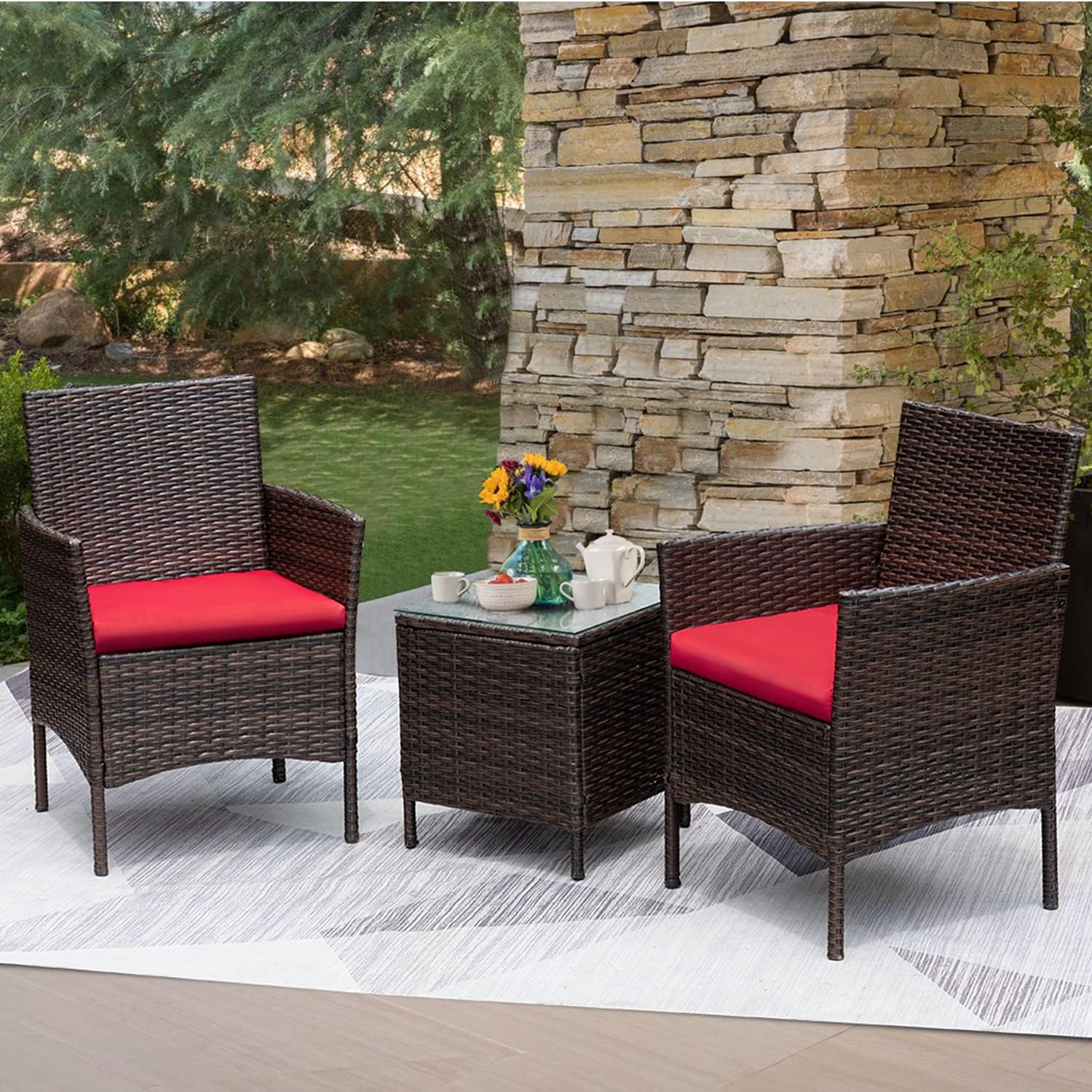 Greesum 3 Pieces Patio Furniture Sets Outdoor PE Wicker Chairs,Beige