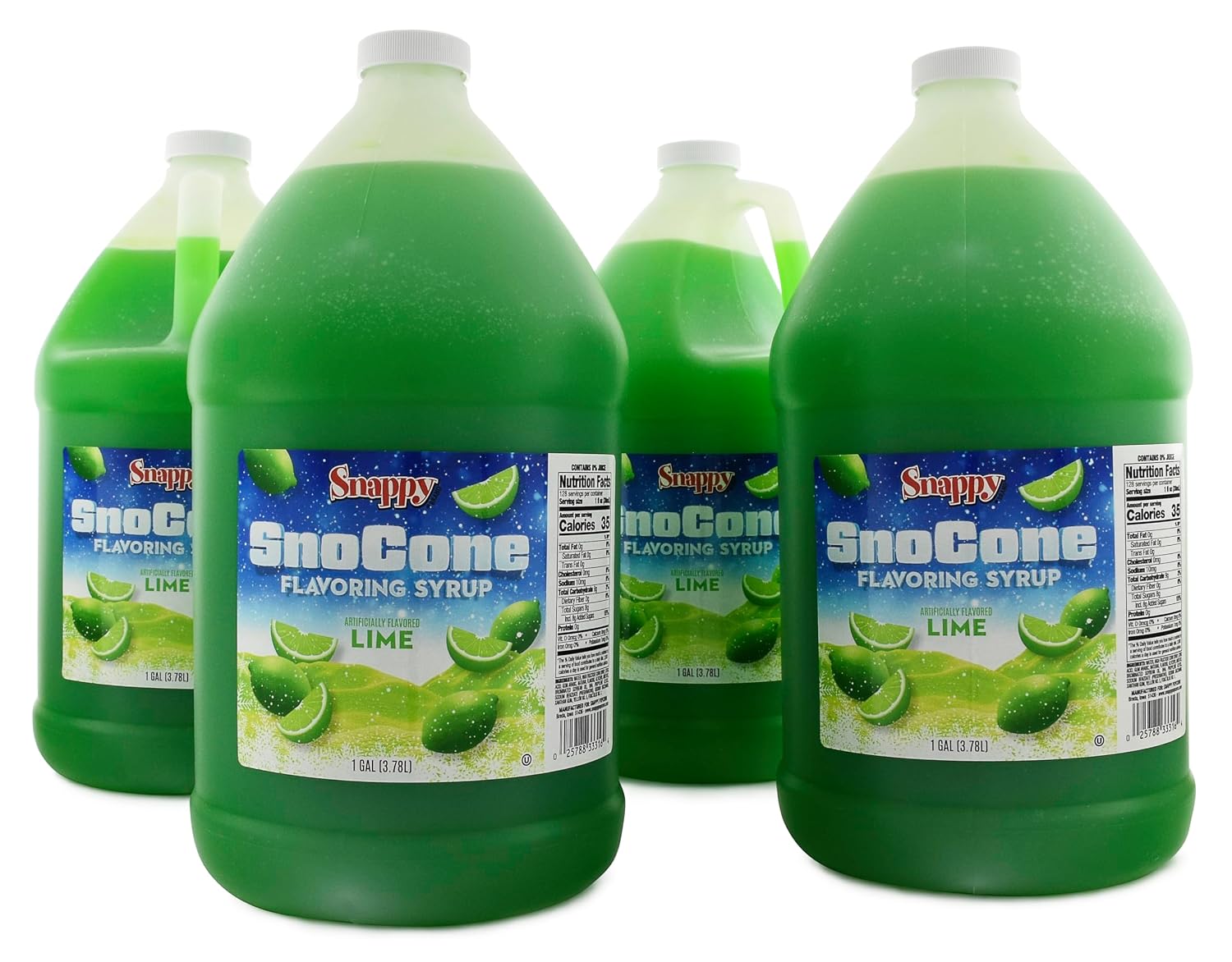 Snappy Lime Sno Cone Syrup, 1 Gallon 4 Pack, Ready to Use for Snow Cone Machines and Shaved Ice