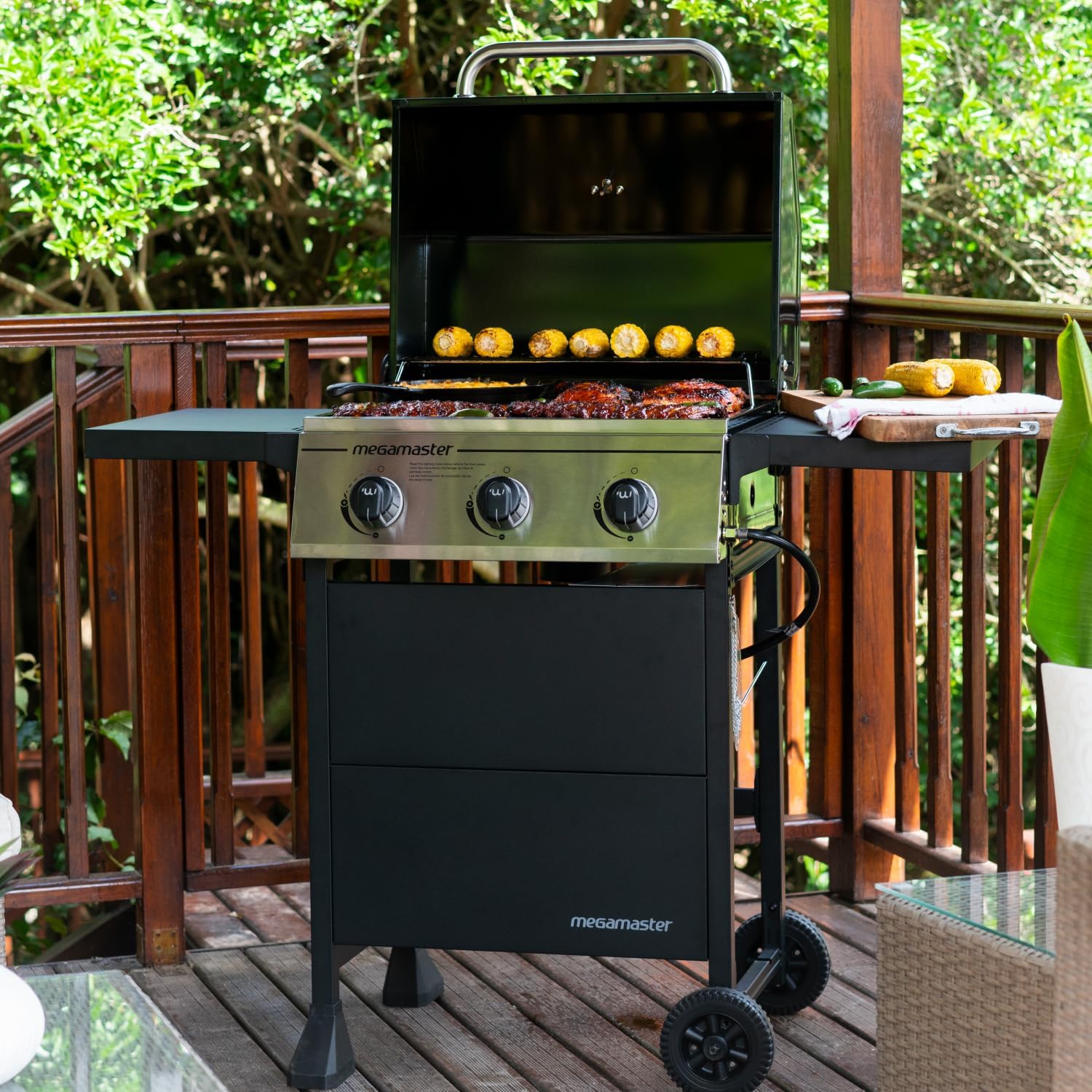 Megamaster Propane 3 Burner Gas Grill, Foldable Shelves with Warming Rack