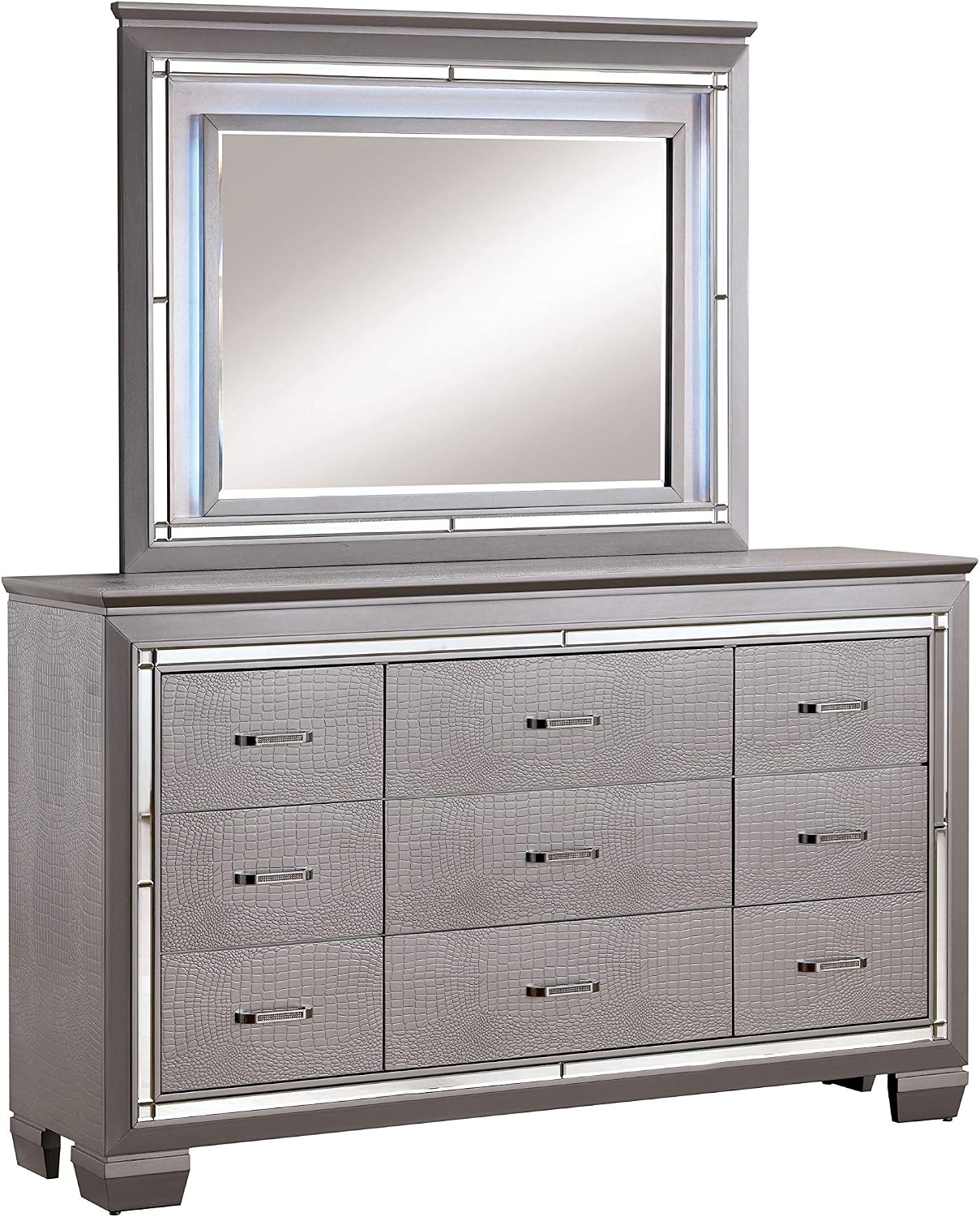 24/7 Shop at Home Riah Contemporary 9-Drawer 2-Piece Dresser and Mirror Set, Silver