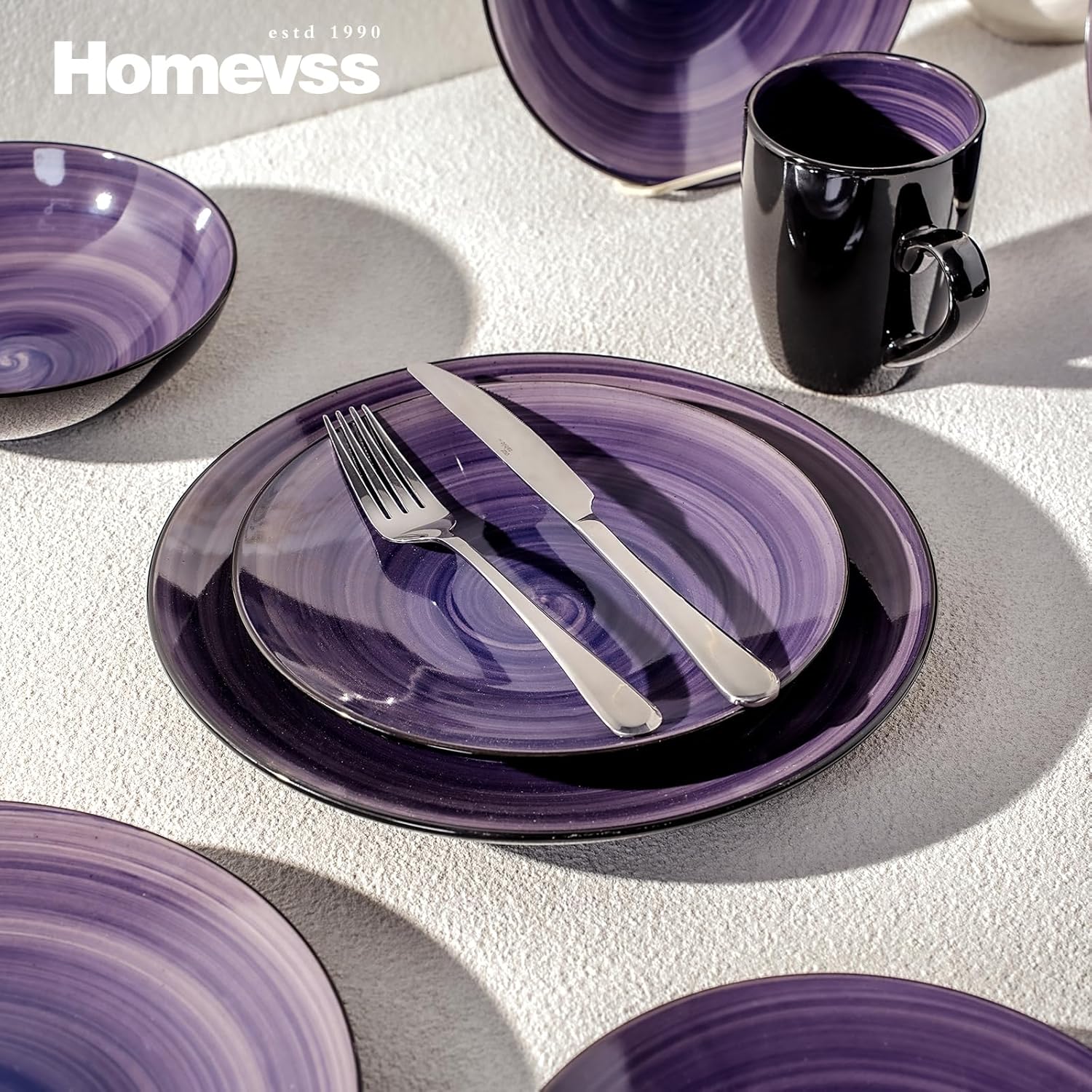 HomeVss, Sonoma Stoneware Dinnerware Set, Outside Black + Inside Hand Painting Color (16pc Set, Grey)