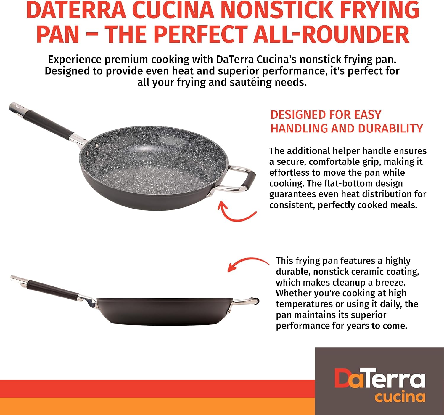 DaTerra Cucina - Ceramic Frying Pan, Induction & Oven, Made In Italy, 9.5" | Made in Italy, Induction Compatible, Oven-Safe up to 450°F, PFAS-free, Ergonomic Handle, Easy Cleanup, Even Heating