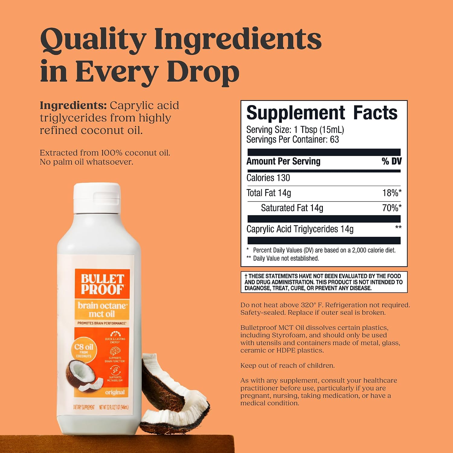 Bulletproof Brain Octane C8 MCT Oil, Non-GMO, 16 oz – 100% C8 from Coconut | 100% Pure Coconut Oil, Triple-Distilled Keto Energy Supplement for Coffee & Smoothies, Unflavored, No Additives, Non-GMO