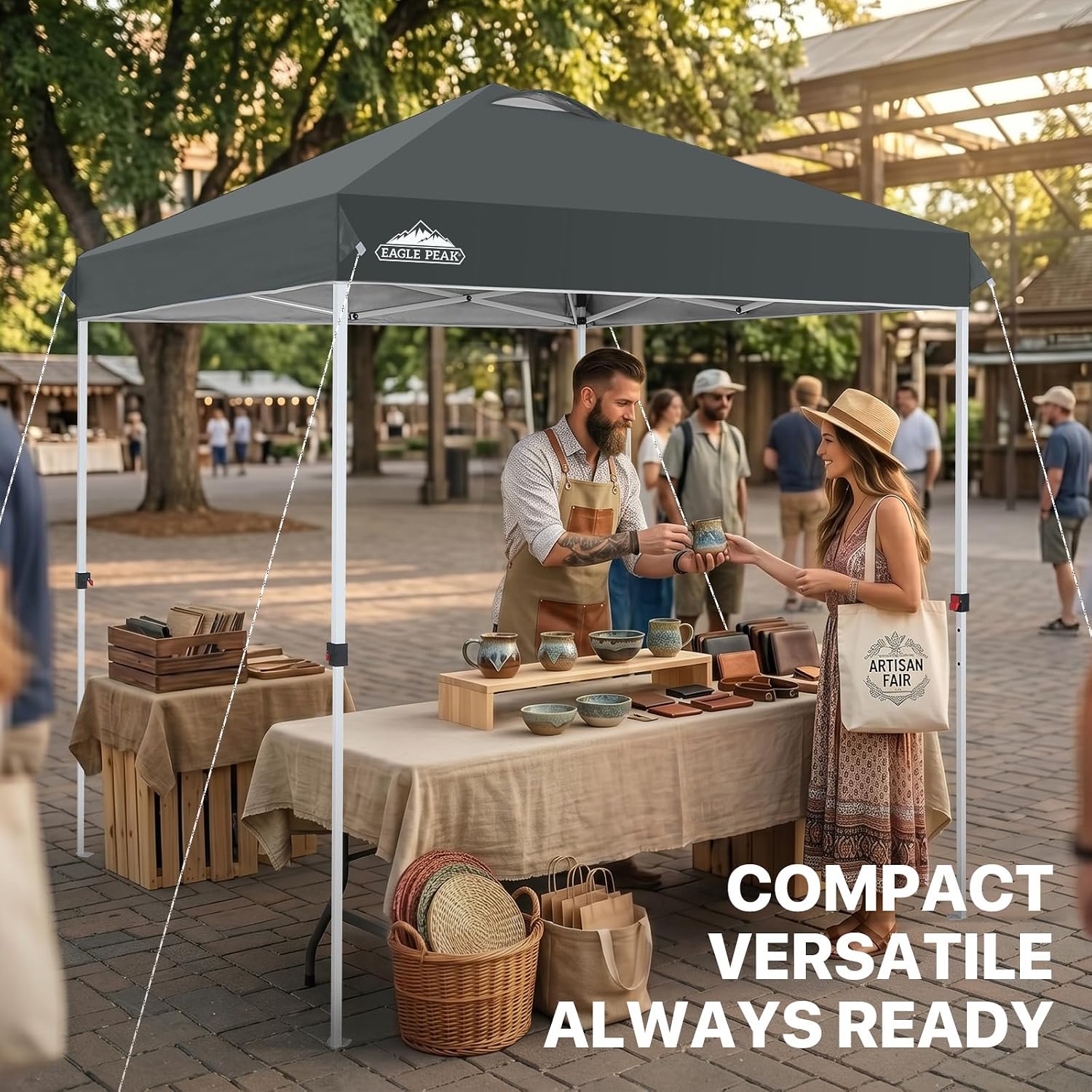 EAGLE PEAK 10x10 Pop Up Canopy Tent Easy Up Canopy Outdoor, White | Patented PeakPush™ Center Lock, 1 Person Setup Portable Pop Up Tent, Beach, Markets, Camping Sport Events, Wheeled Carry Bag