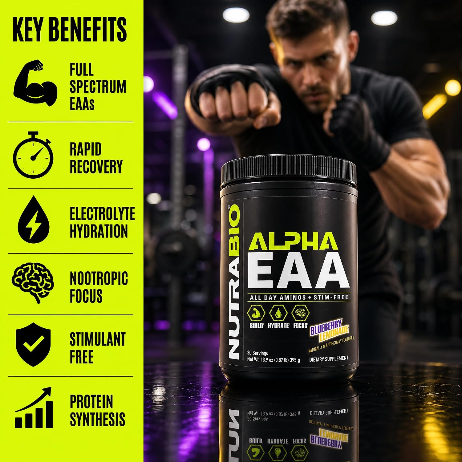 NutraBio Alpha EAA - All-Day Amino Acids for Muscle Growth and Hydration - Essential Amino Acids with Nootropics & Adaptogens- Full Spectrum EAA BCAA Powder - 30 Servings - Strawberry Lemon