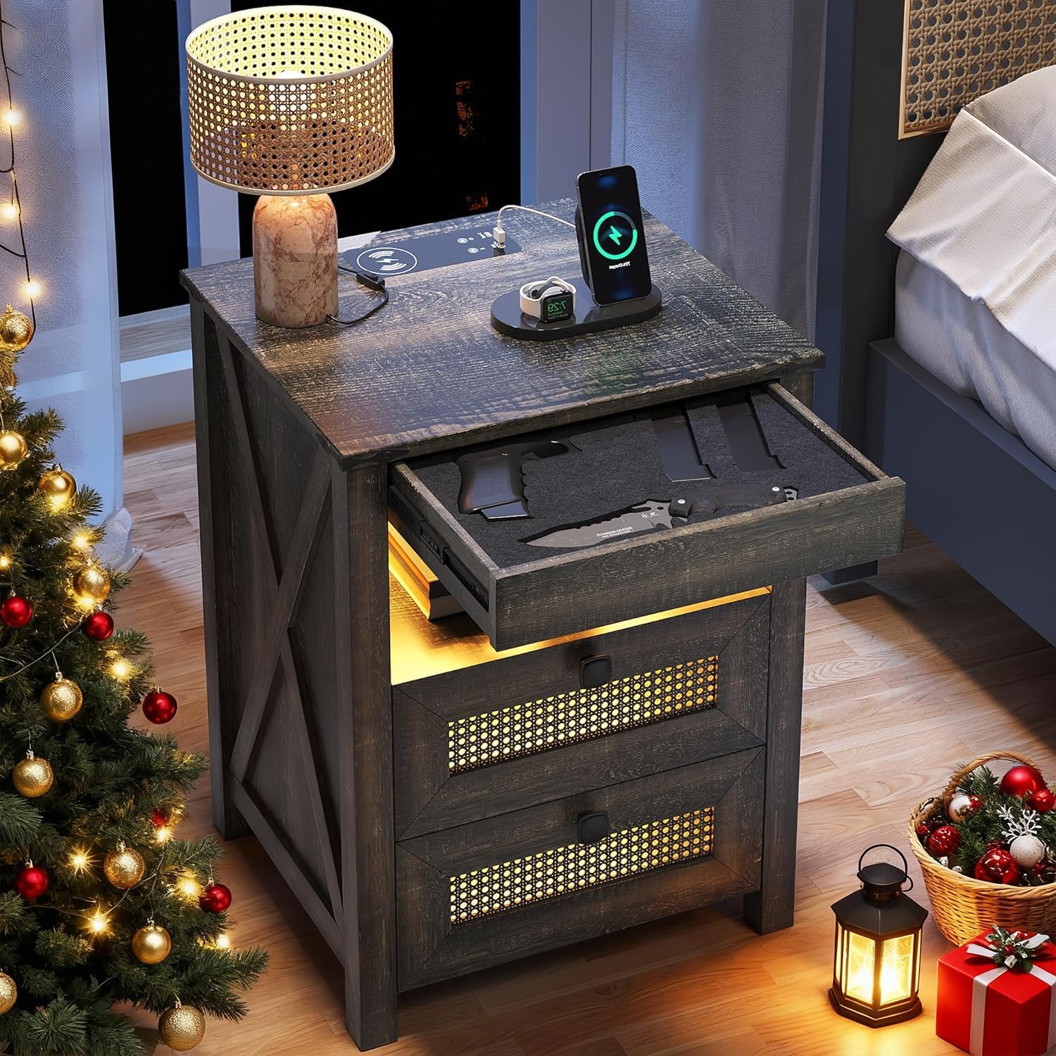 LED Night Stand with Gun Drawer & Charging Station | Human Sensor Lights, Hidden Storage, Farmhouse Rattan Style, 3 Drawers, Bedside Table for Bedroom, End Tables Livingroom