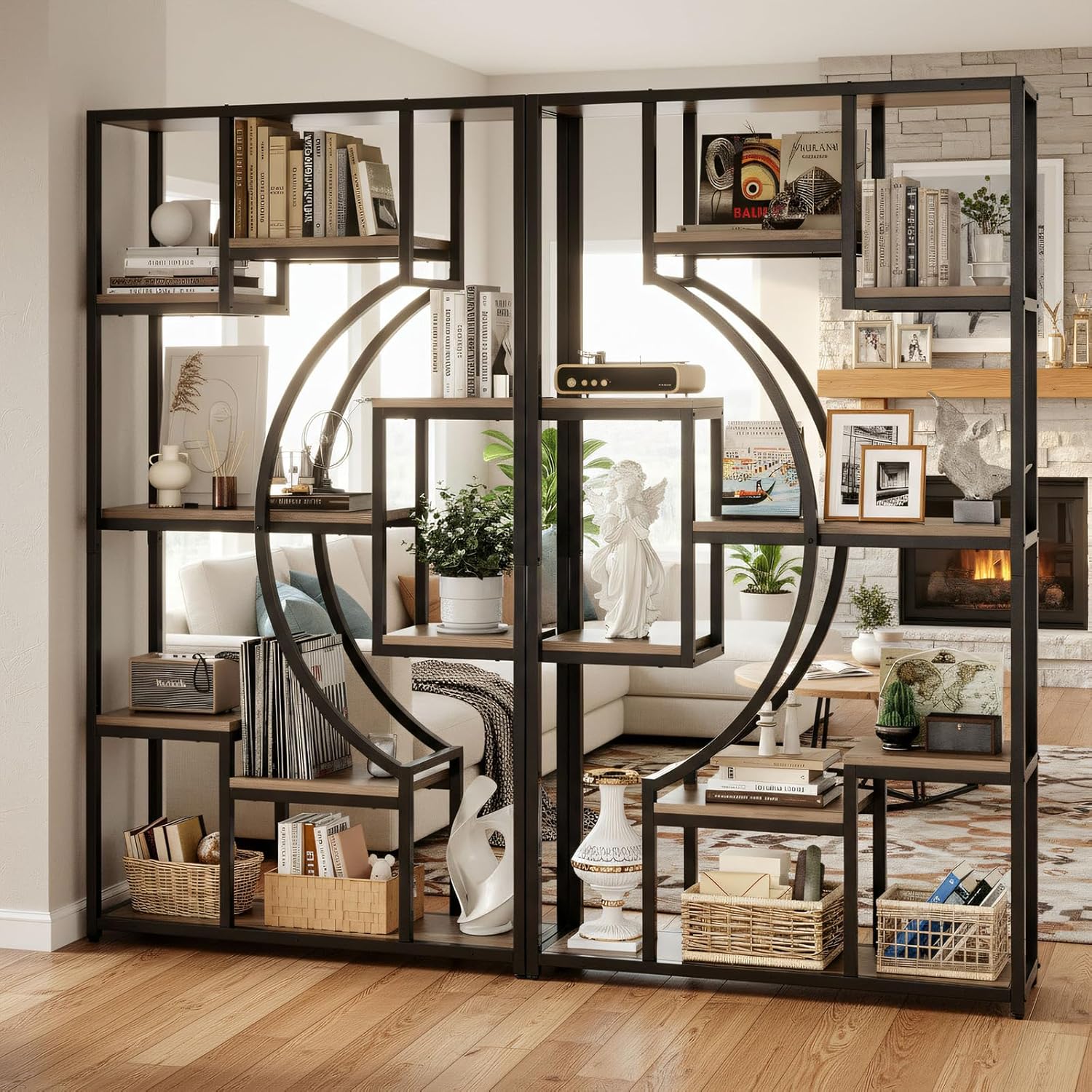 70.8" Tall Bookshelf Set of 2, 79" Wide Geometric Display Shelf with 18 Open Storage Shelves, Etagere Bookcase for Living Room, Office