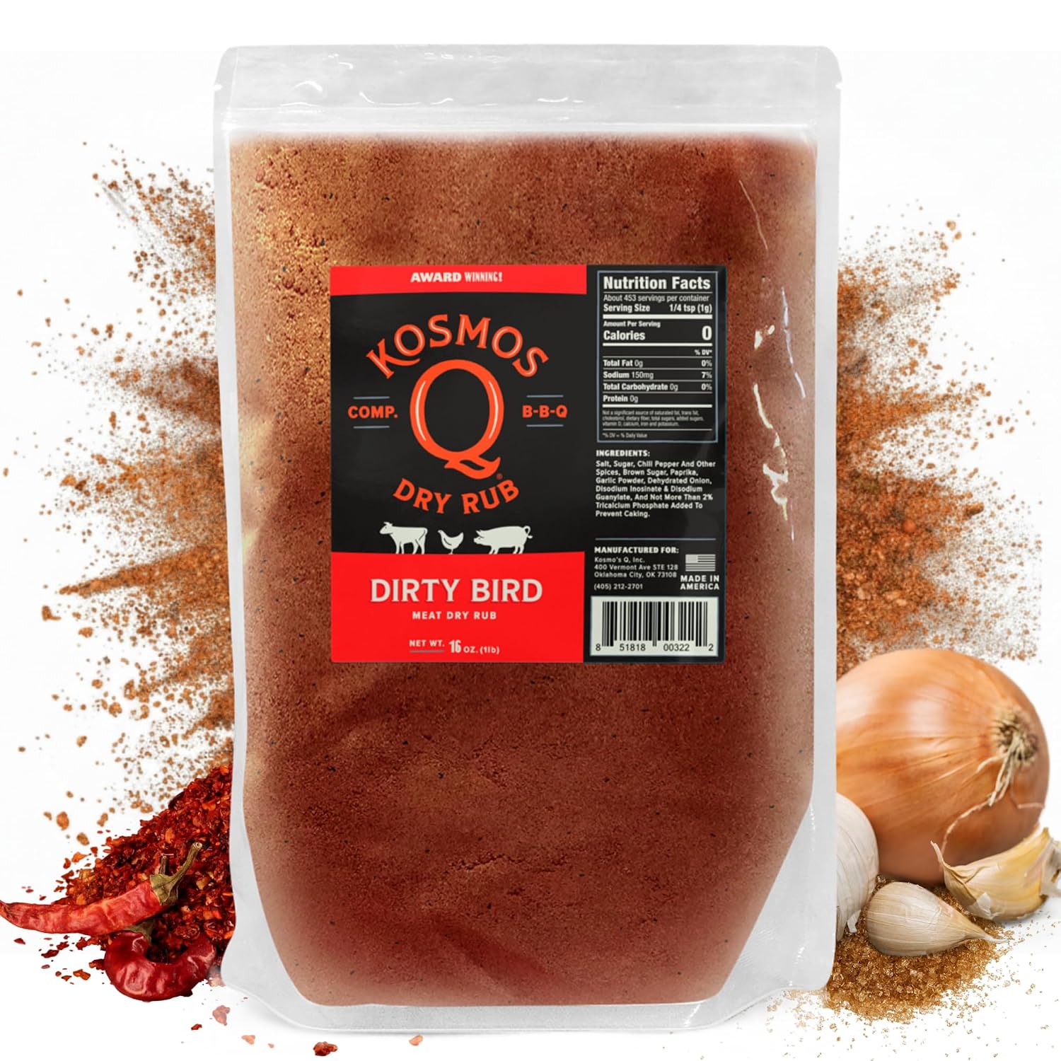 Kosmos Q Hot Dirty Bird BBQ Dry Rub, Spicy Seasoning with Chili Pepper, Brown Sugar, Garlic & Onion for Chicken, Turkey, Ribs, Pork, Dry Rub for Smoking & Grilling Meat, BBQ Spice Blend, 11 Oz Bag