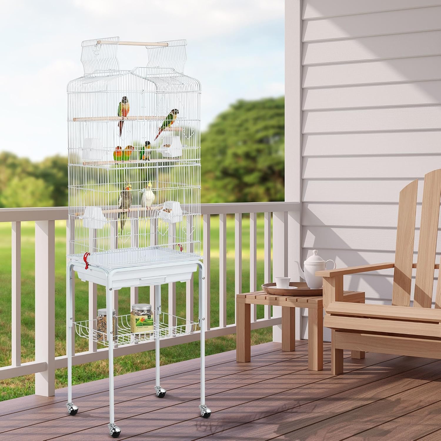 Yaheetech 64'' Open Top Bird Cage for Parakeets & Cockatiels, Black | Detachable Rolling Stand, Easy-clean Slide Tray, Multi-door Access, 3/8" Bar Spacing, Indoor/Outdoor Use