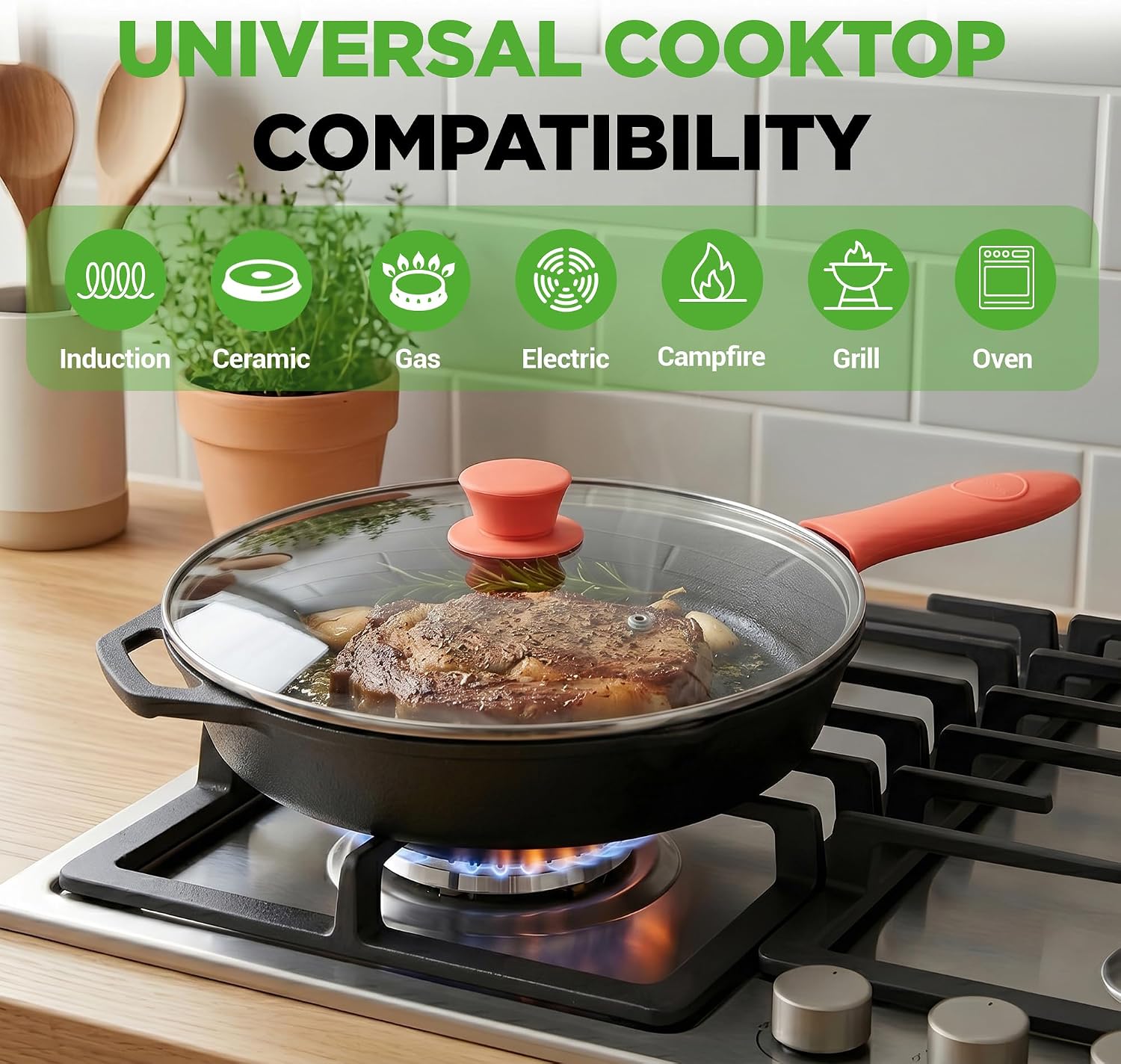 NutriChef 10 Inch Cast Iron Skillet with Lid - Pre-Seasoned Small Fry Pan with Side Drip Spout and Silicone Handle