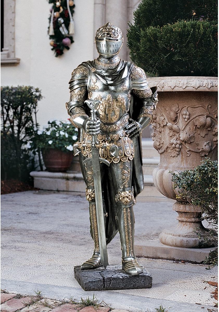 Design Toscano King's Guard Medieval Decor Half Scale Knight Armor Gothic Statue, 39 Inch Tall, Cast Stone Resin, Metallic Finish with Faux Stone Base
