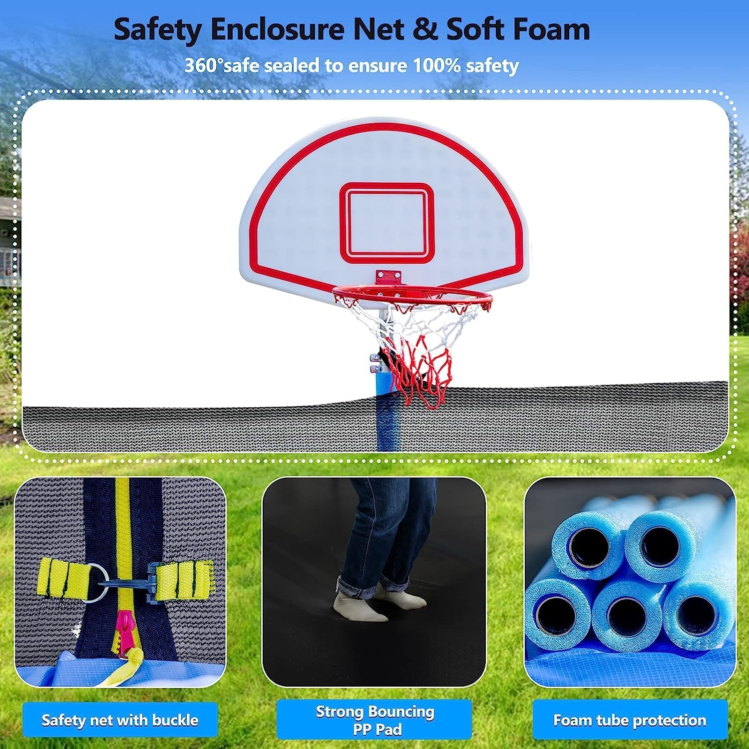 10 12 14 16FT Trampoline Outdoor, Light/Sprinkler/Basketball Hoop | Large Recreational Trampoline for Kids and Adults, Heavy Duty Yard Trampolines with Enclosure Net, ASTM Approval