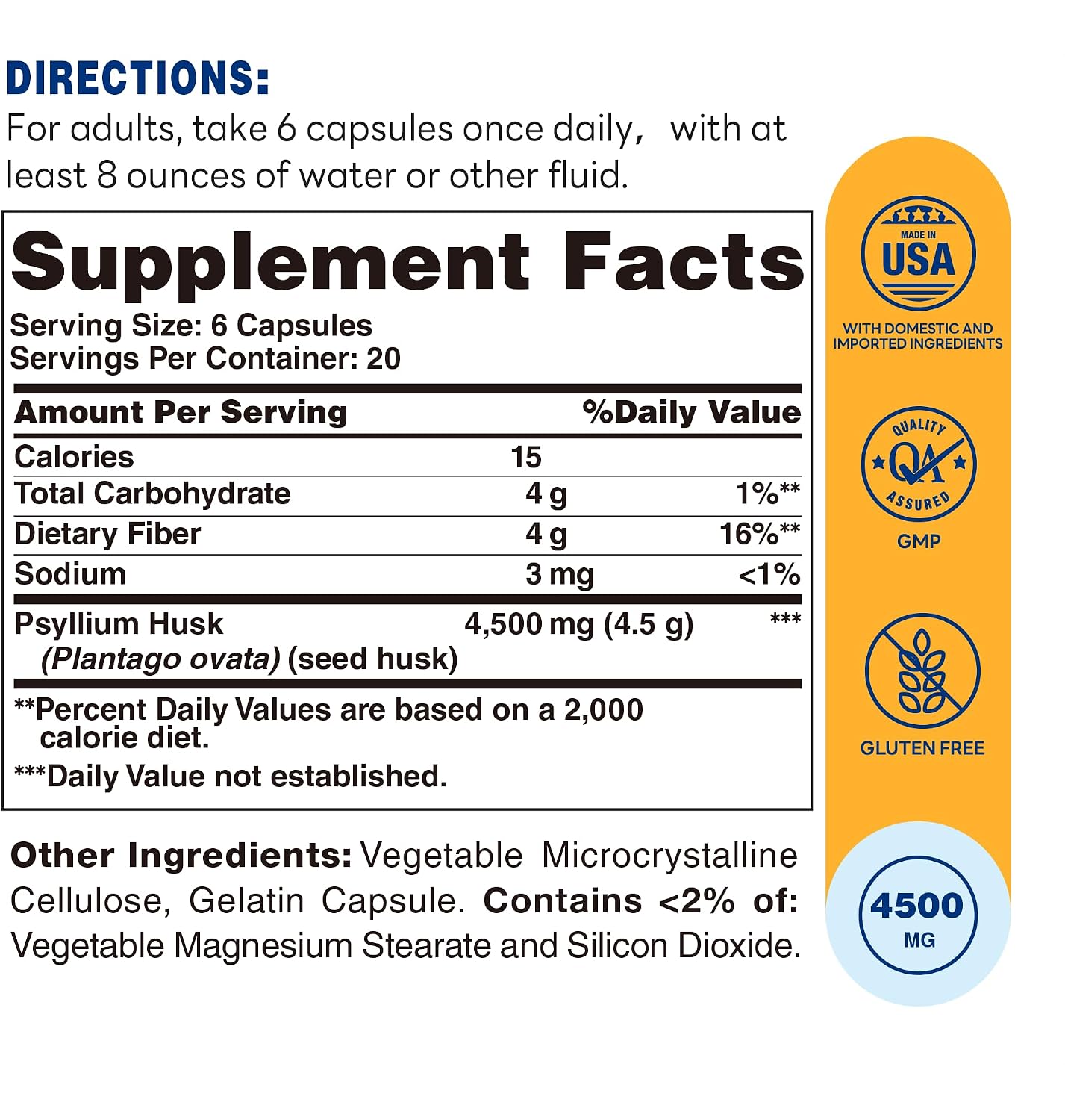 Vitamin World Psyllium Husks Capsules, 4500 mg Per Serving, 120 Capsules | Fiber Supplement for Digestive Health and Regularity, Gluten-Free,