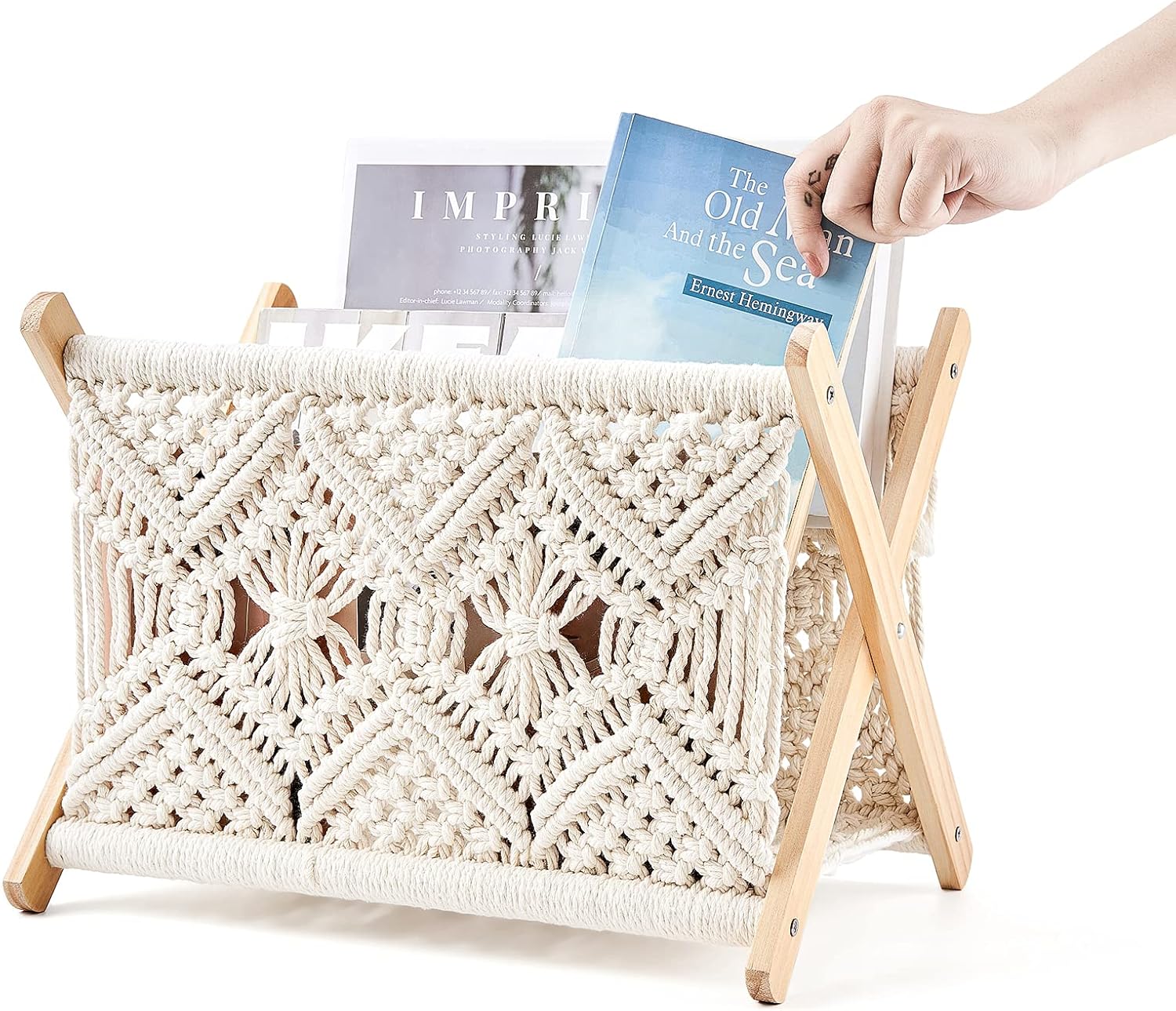 Mkono Macrame Magazine Holder, Boho Woven Book Rack Basket, 11.2"L x 7.5"W