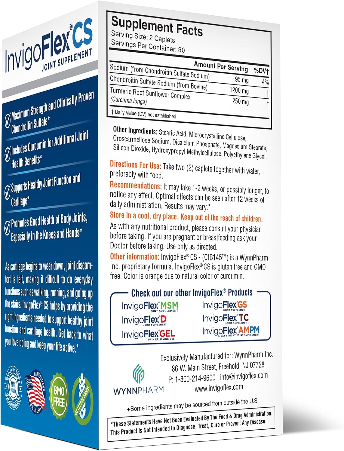 INVIGOFLEX® CS - Chondroitin Sulfate with Turmeric Curcumin Non GMO for Knee, Hand, Back & Hip Premium Joint Supplement