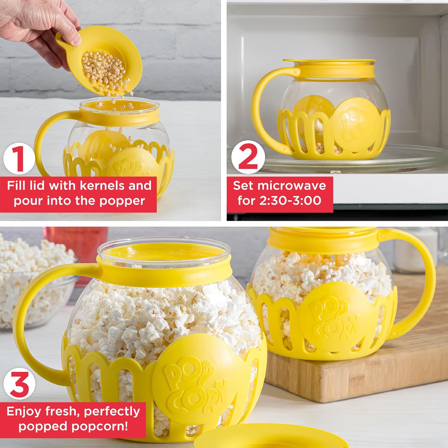 Ecolution Patented Micro-Pop Microwave Popcorn Popper with Temperature Safe Glass, 3-in-1 Lid Measures Kernels and Melts Butter, Made Without BPA, Dishwasher Safe, 3-Quart, Red