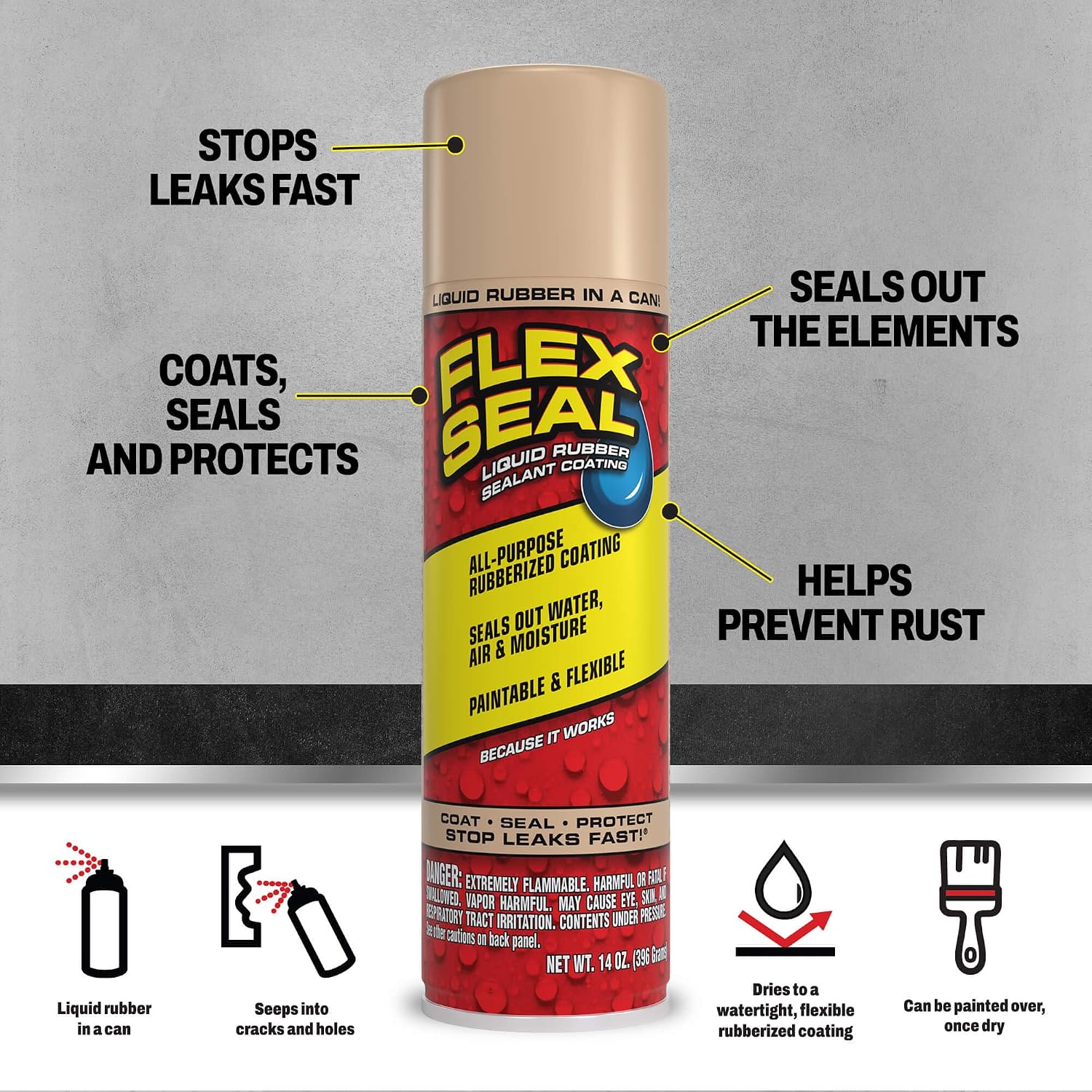 Flex Seal, 14 oz, 2-Pack, Black, Stop Leaks Instantly, Waterproof Rubber Spray On Sealant Coating, Perfect for Gutters, Wood, RV, Campers, Roof Repair, Skylights, Windows, and More
