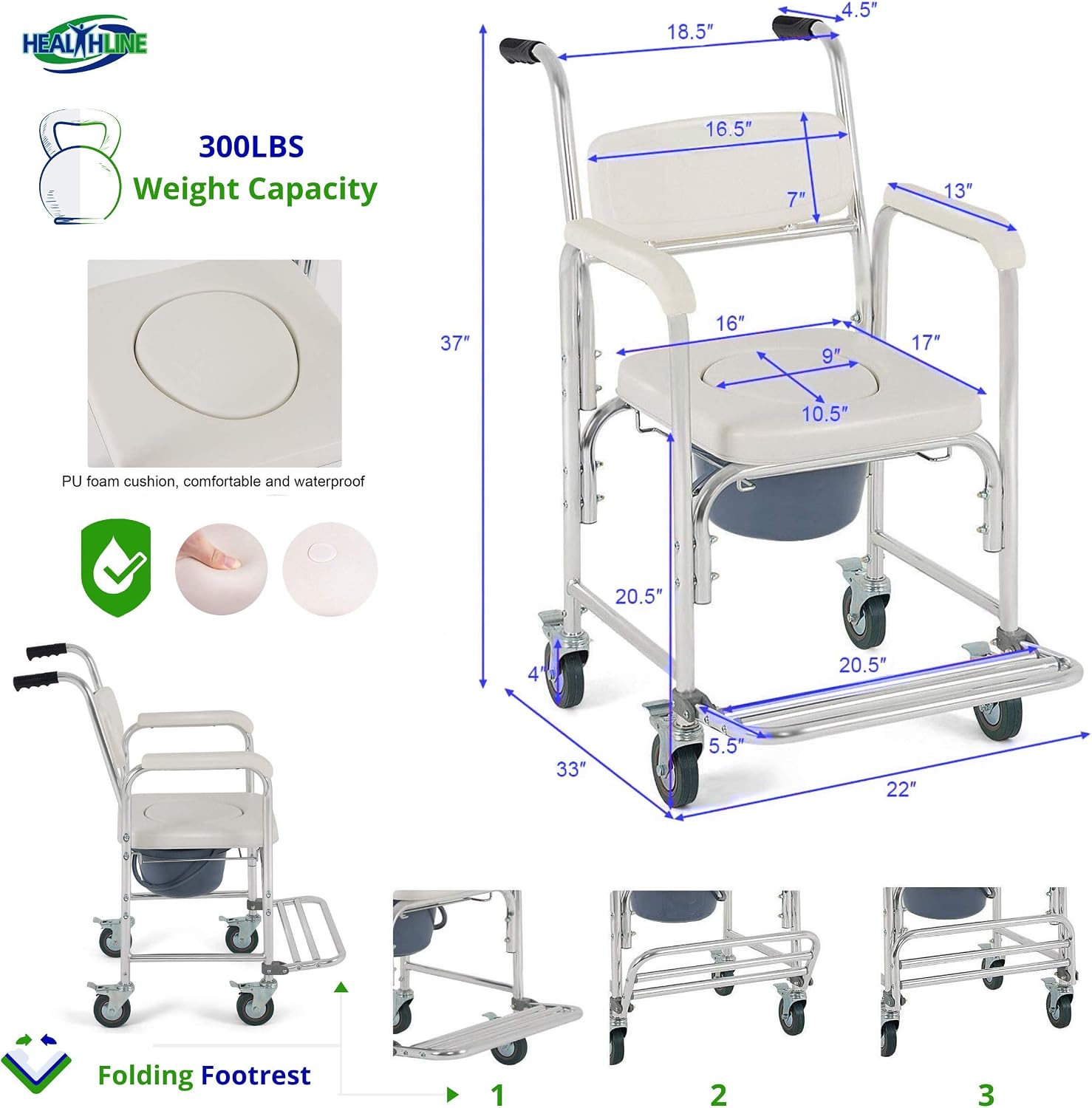 HEALTHLINE Shower Bedside Commode Chair Padded Seat With Wheels by Healthline