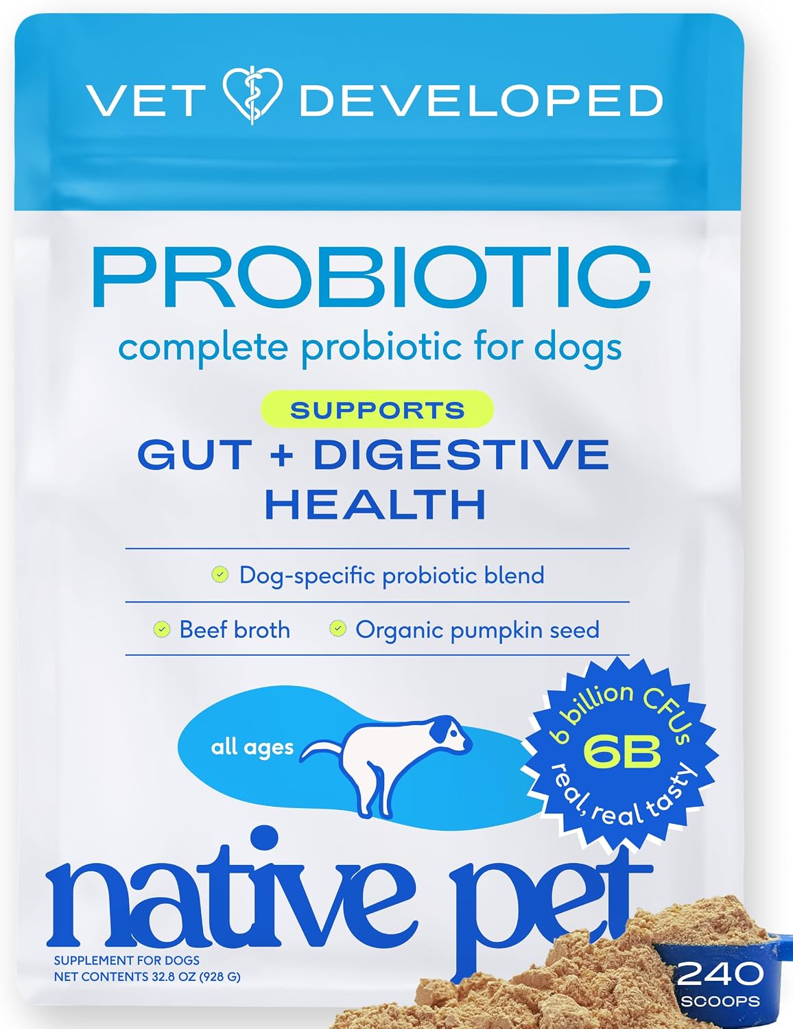 Native Pet Probiotics for Dogs – Dog Probiotic Powder for Gut & Digestive Health, Vet-Formulated 6B CFUs Dog-Specific Probiotic Strains