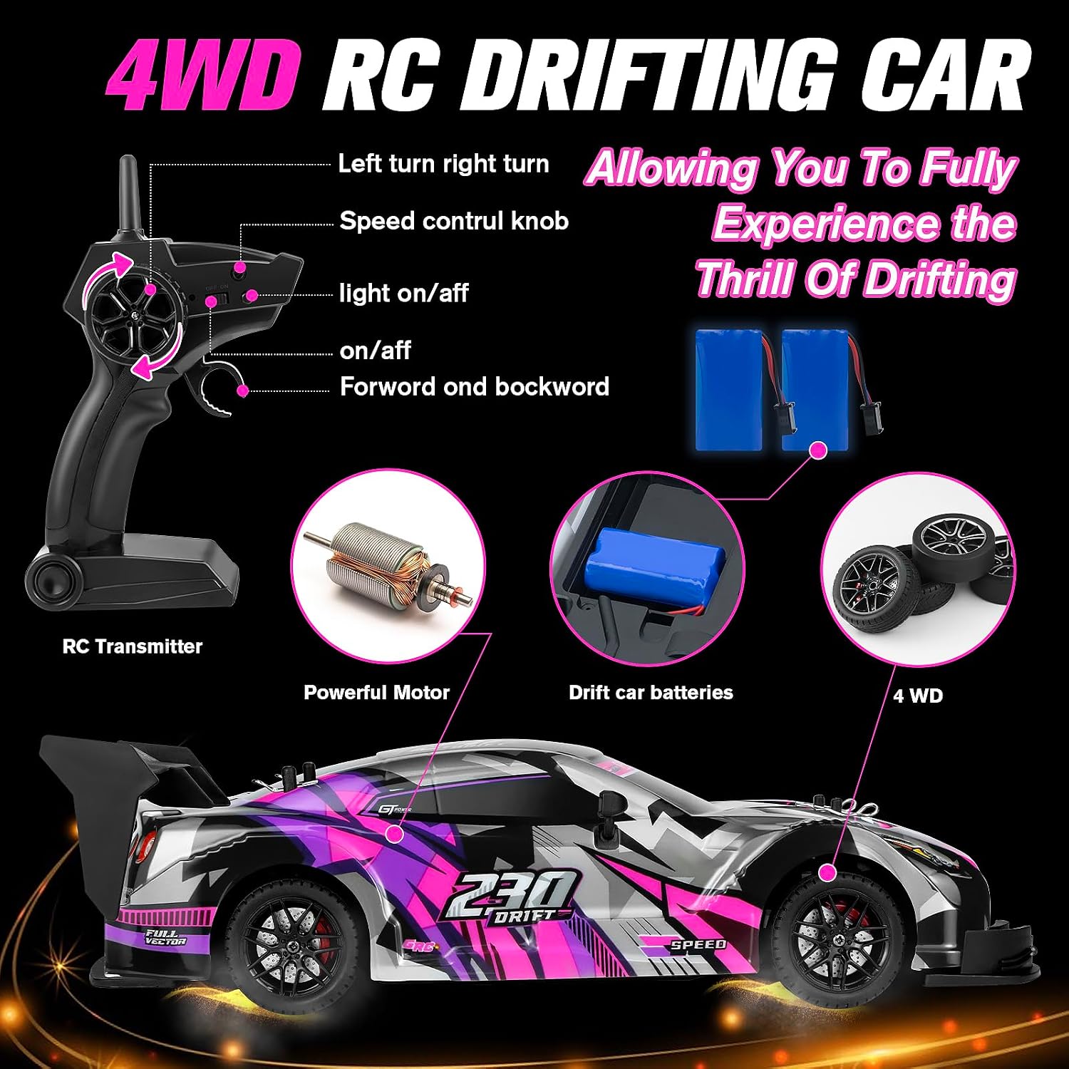 RC Drift Car, 1:16 Scale Drifting RC Cars 2.4GHz 4WD 40km/h | RC Race Car, High-Speed Remote Control Drift Car Vehicle, Racing Sport Toy Gift for Boys Girls Kids(Purple)