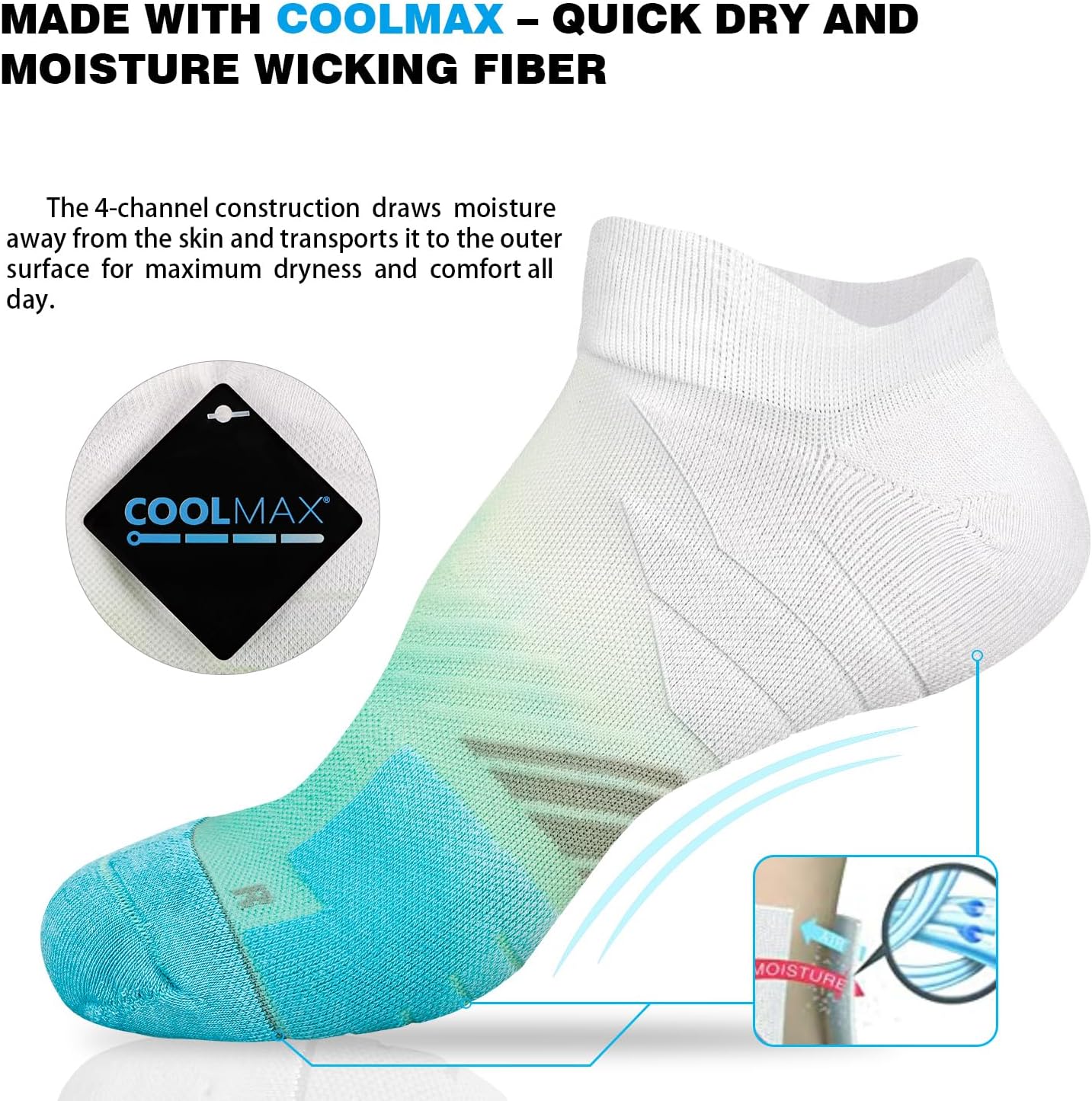 Hylaea Unisex Coolmax No Show Athletic Running Socks, Cushioned No Blisters