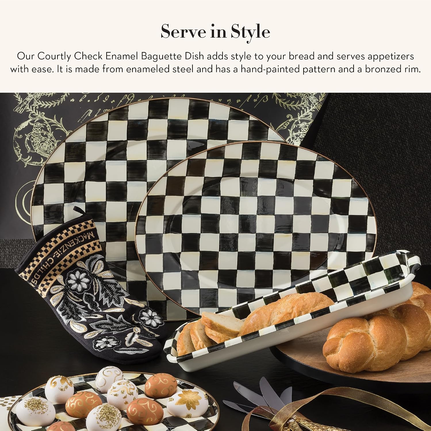 MACKENZIE-CHILDS Enamel Baguette Dish, Black-and-White Courtly Check | Hand-painted design, made from enameled steel