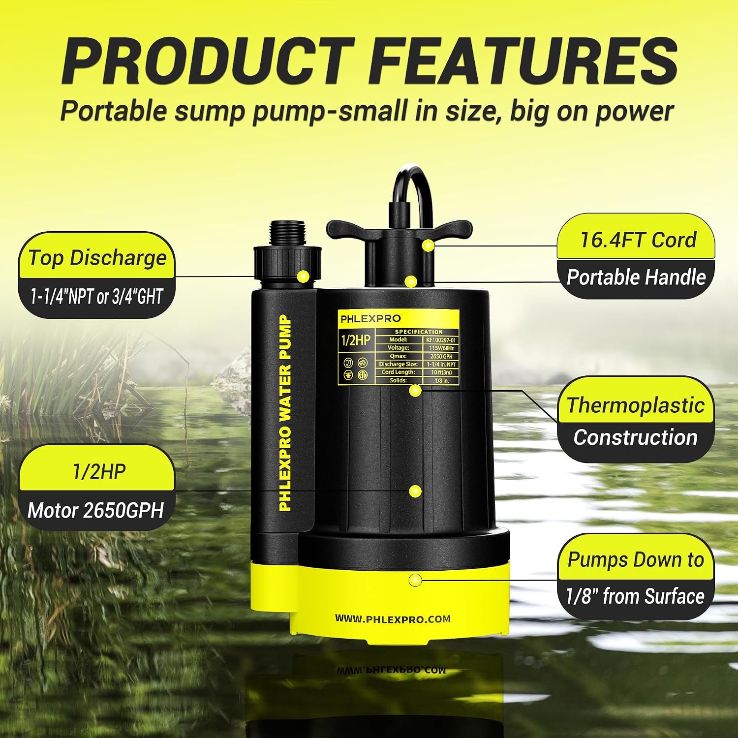 1/2HP Automatic Submersible Sump Pump, 5300 GPH Water Pump | 3/4" Garden Hose Check Valve Adapter, 2650 GPH Water Removal for Swimming Pool Cover Hot Tubs Flooded House Basement