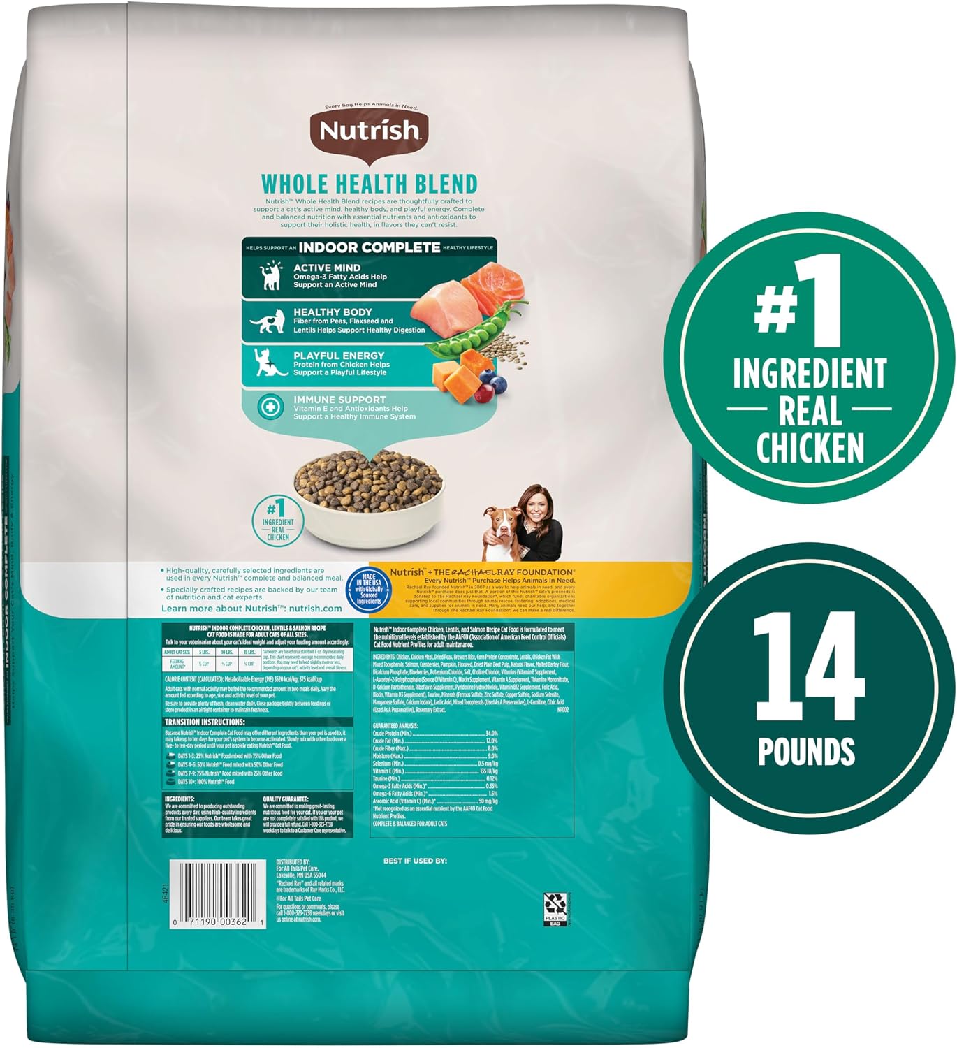 Nutrish Indoor Complete Dry Cat Food, 3 lb. Bag (Rachael Ray) | Chicken, Lentils & Salmon Recipe, Crafted for Adult Indoor Cats, Veterinarian Reviewed Formula