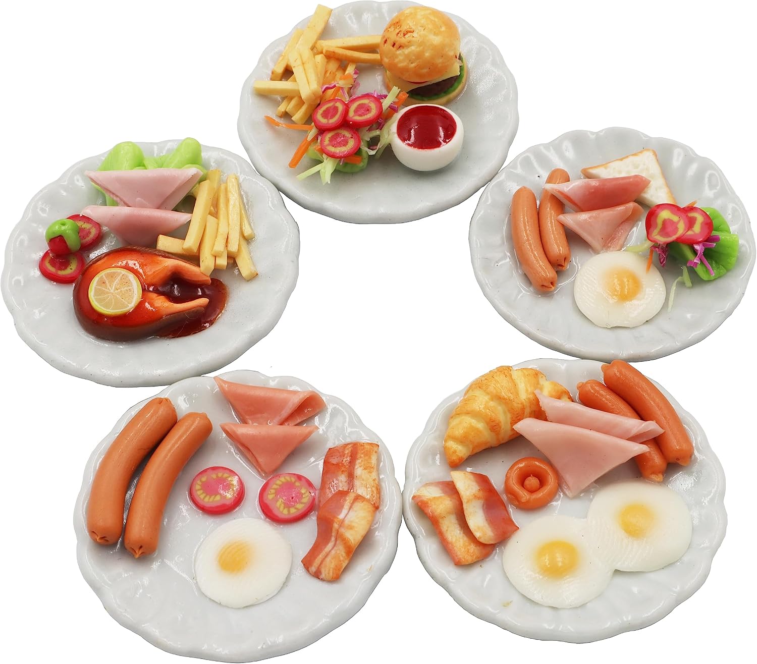 Mixed 5 Assorted Breakfast Dollhouse Miniature Food Set (1/6 Scale) – Sausage, Salmon Steak, Bacon, Burger & Fried Egg on Ceramic Plates