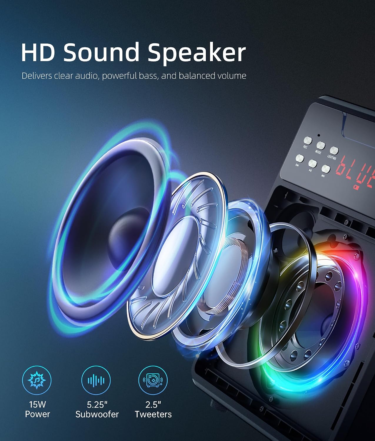 Karaoke Machine for Adults, Portable Bluetooth Speaker with 2 Wireless Microphones and Lights Show, Karaoke Speaker with Bass & Treble, Supports for TWS,USB,FM,REC,AUX in,TF Card for Party/Meeting