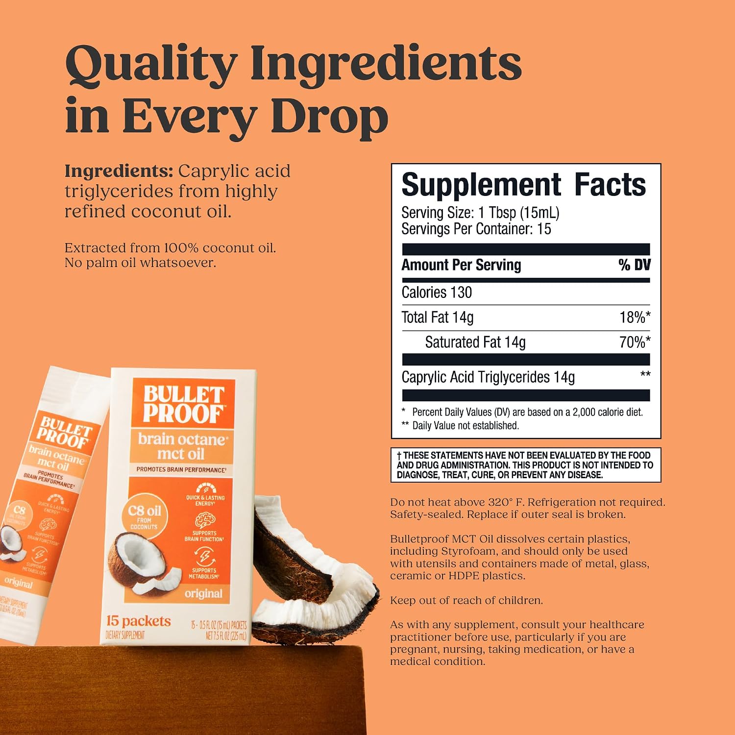 Bulletproof Brain Octane C8 MCT Oil, Non-GMO, 16 oz – 100% C8 from Coconut | 100% Pure Coconut Oil, Triple-Distilled Keto Energy Supplement for Coffee & Smoothies, Unflavored, No Additives, Non-GMO